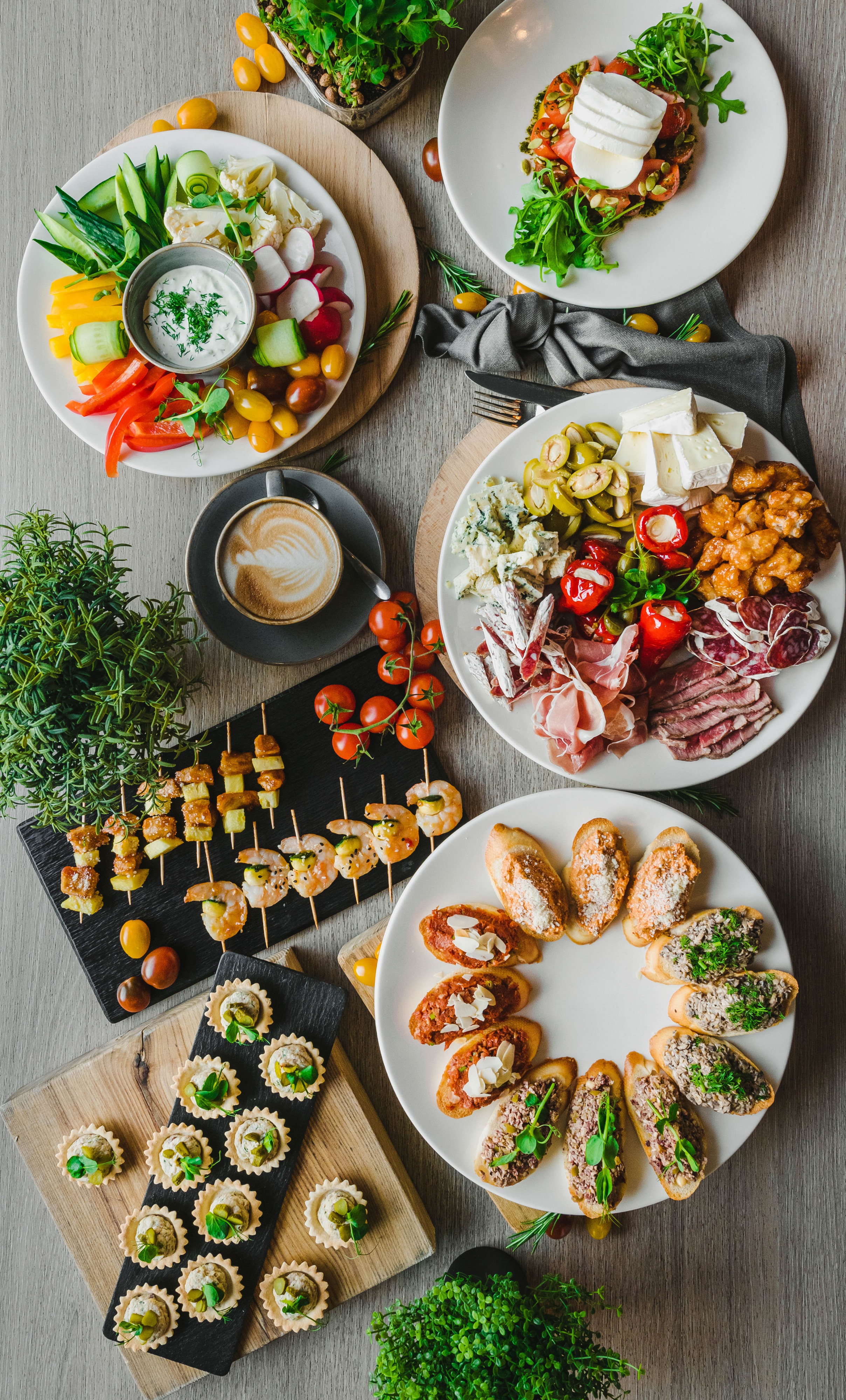 Assortment of appetizers and coffee HD Phone Wallpaper