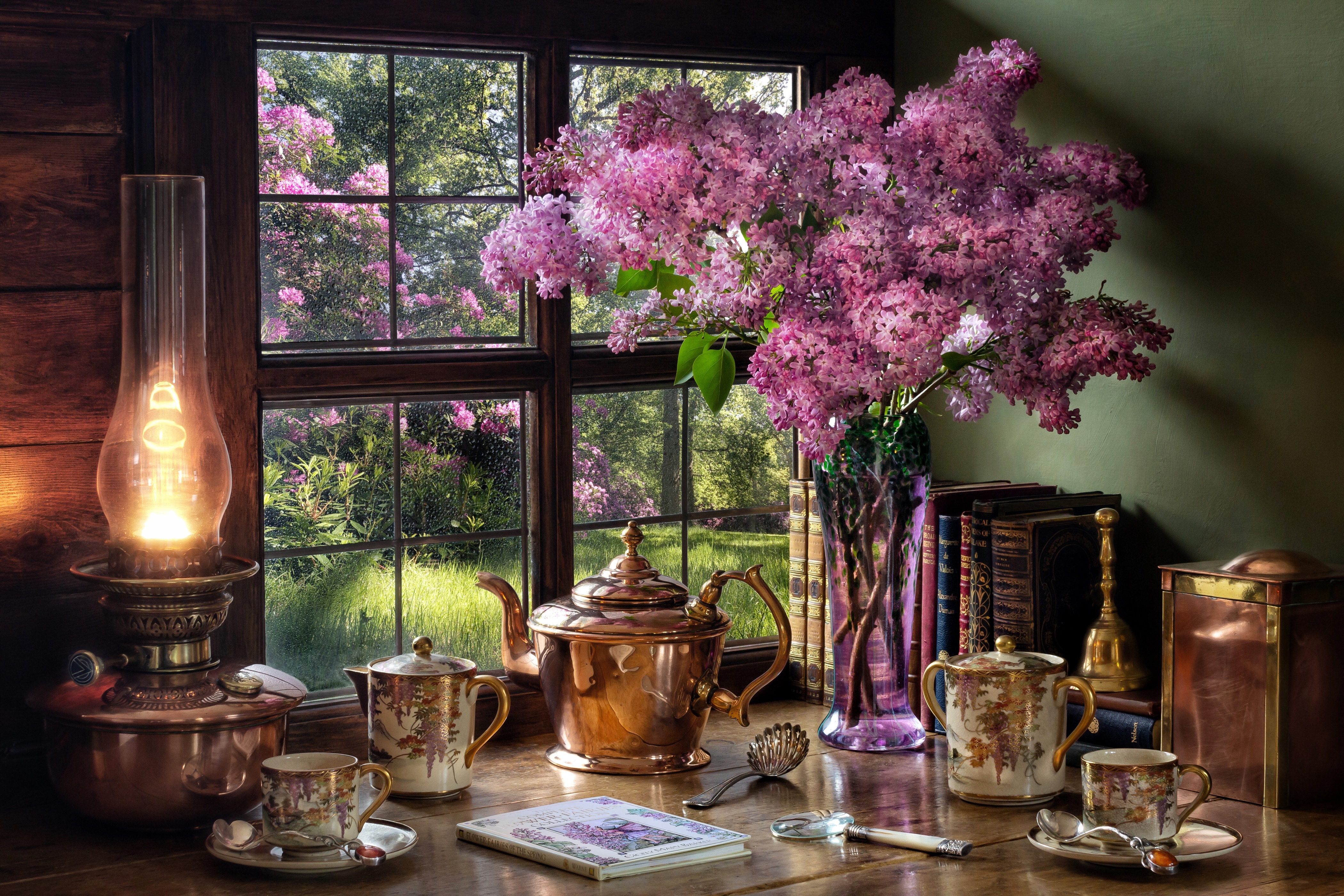 Still-life with Lilacs, Kettle, and Kerosene Lamp HD Wallpaper