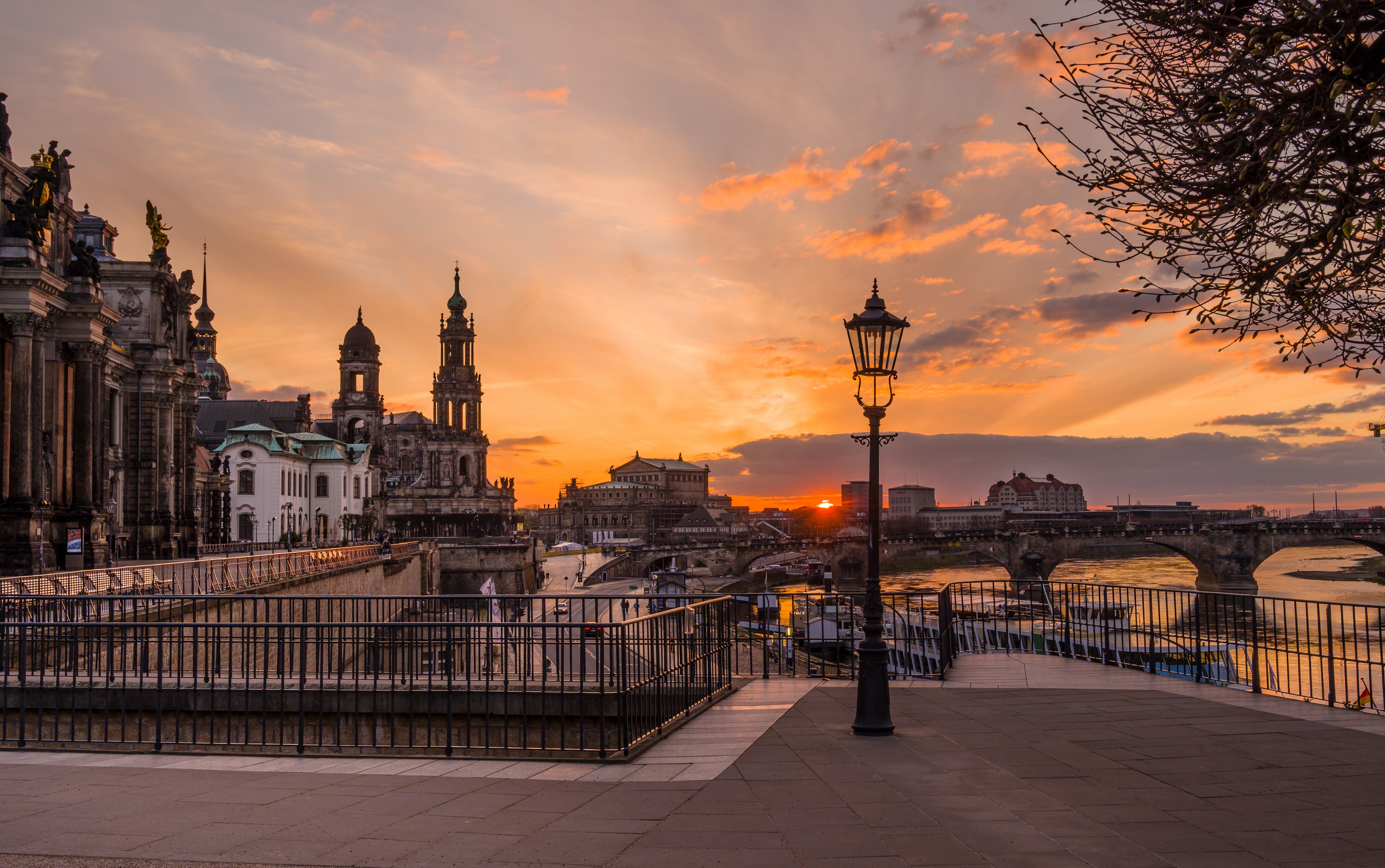 Dresden Germany riverfront at sunset with bridges and street lamp HD Wallpaper