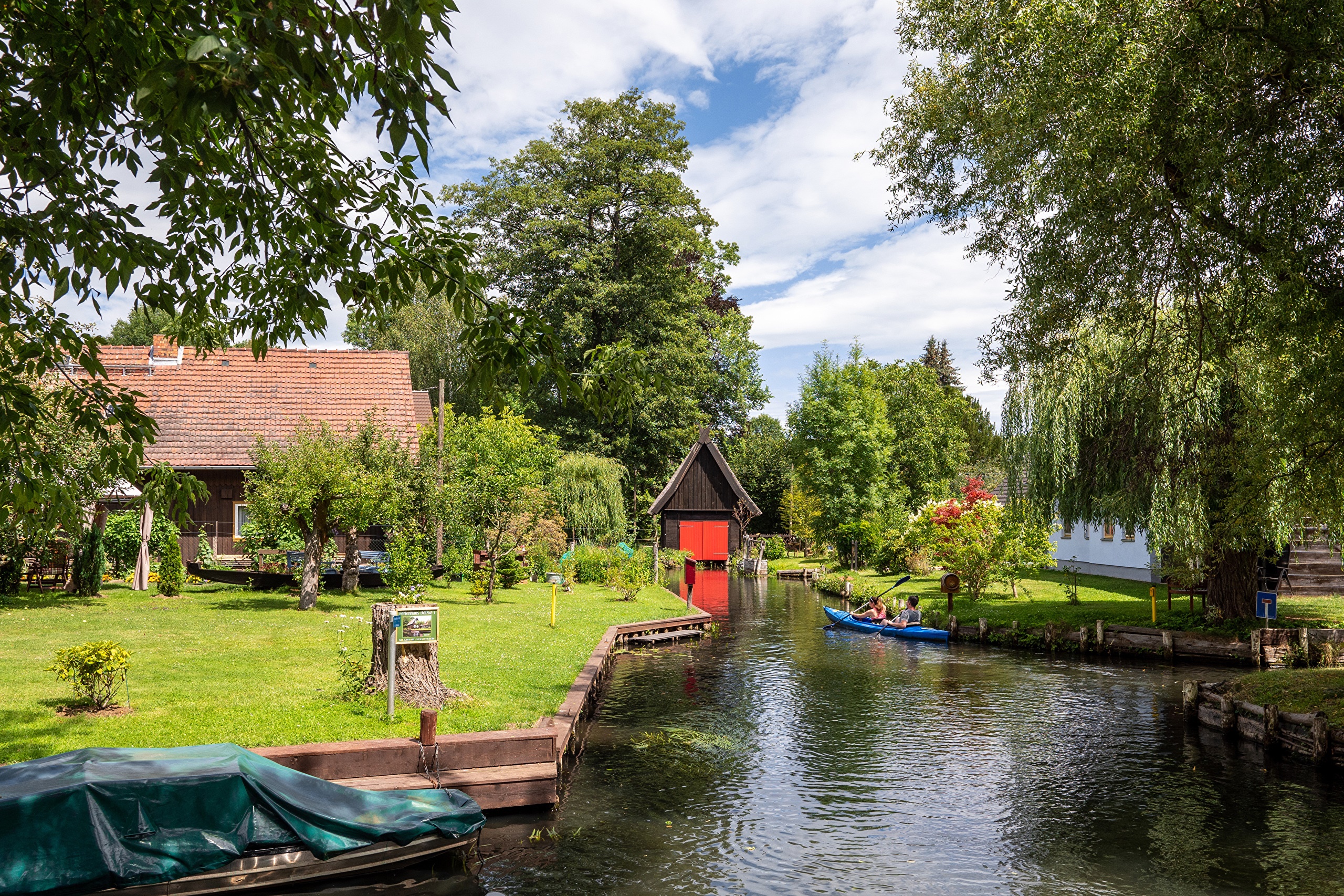 Village Lehde, Germany canal with houses and trees HD Wallpaper