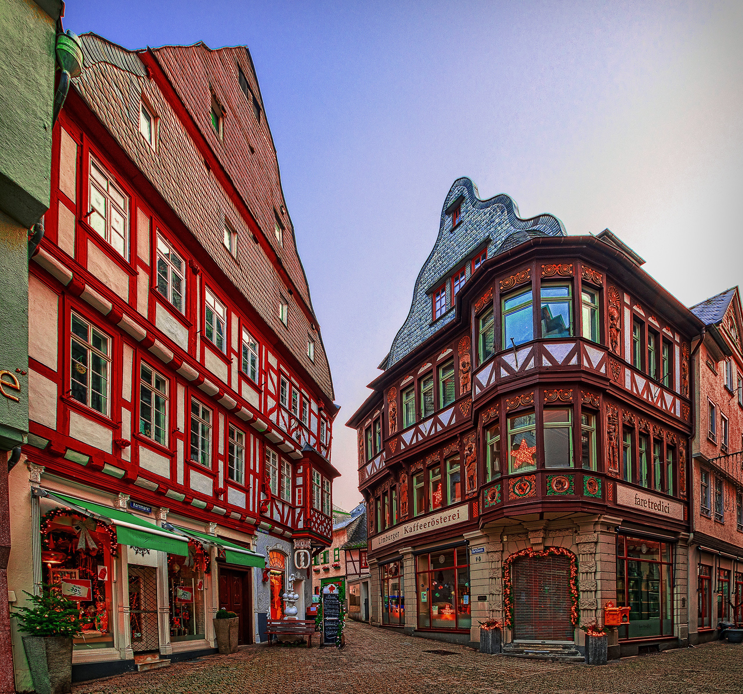 Half-timbered houses on a street in Limburg an der Lahn, Germany HD Wallpaper
