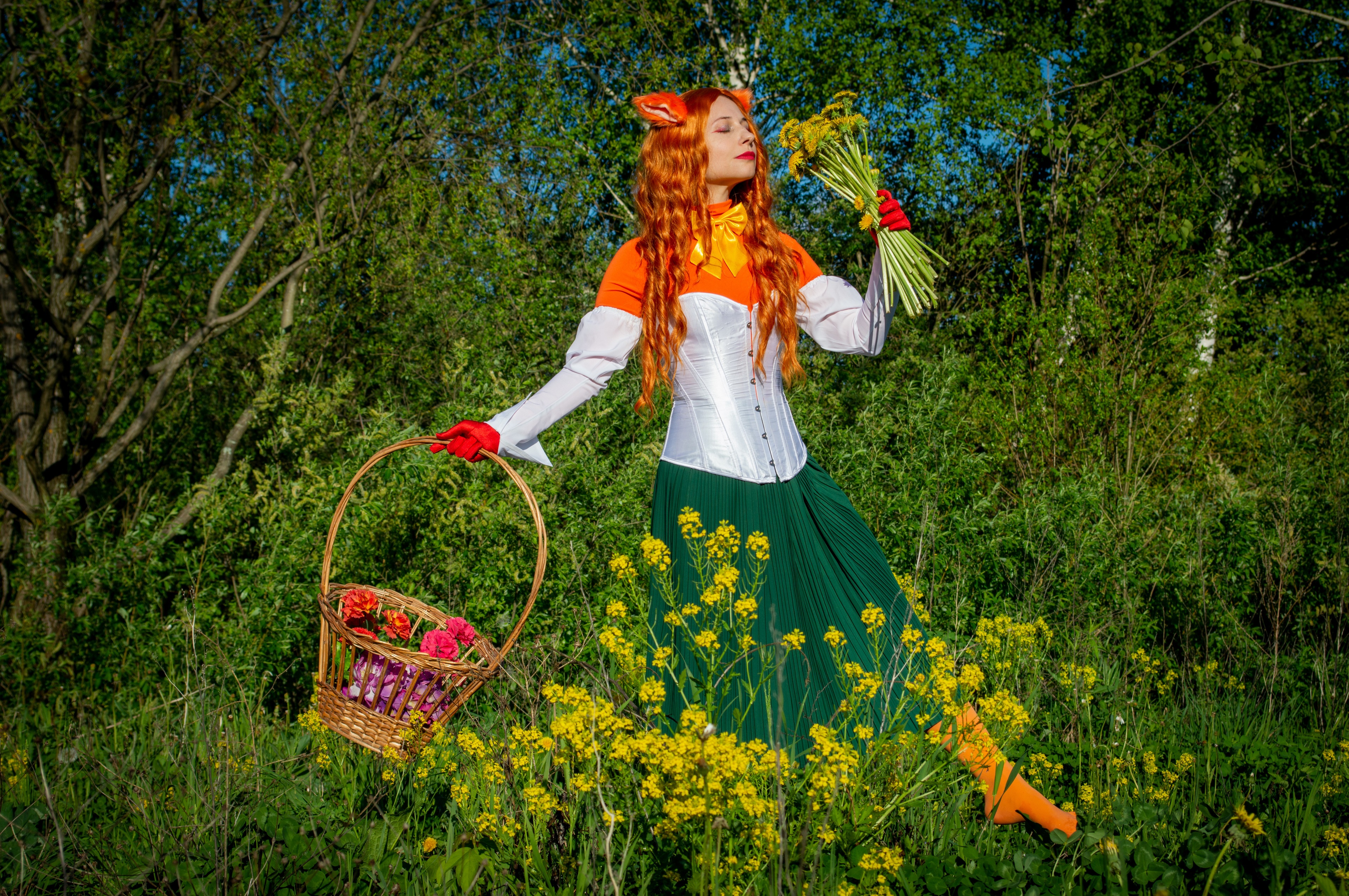 Redhead girl in fox cosplay with flowers and basket HD Wallpaper