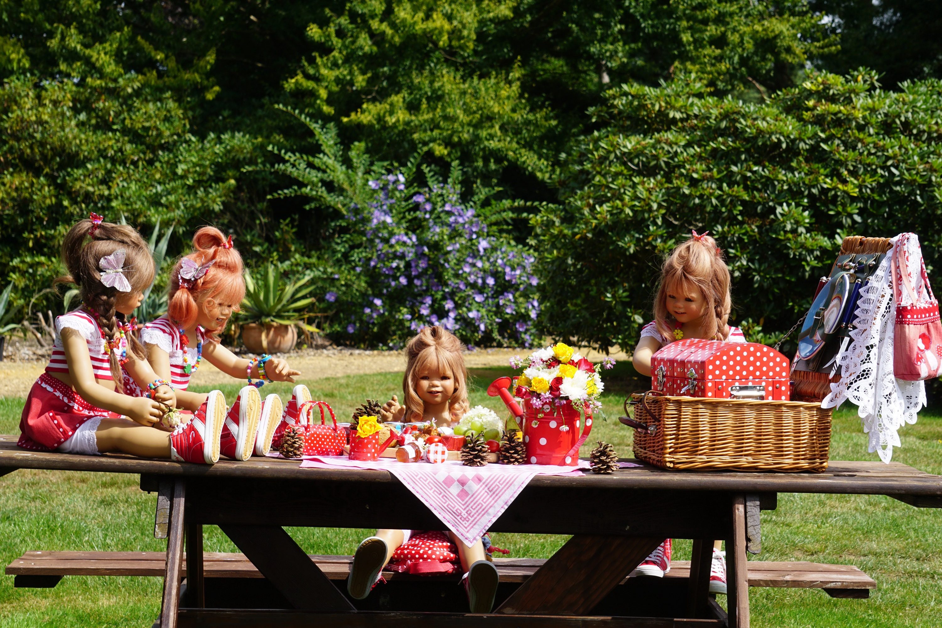 Dolls having a picnic in a garden HD Wallpaper