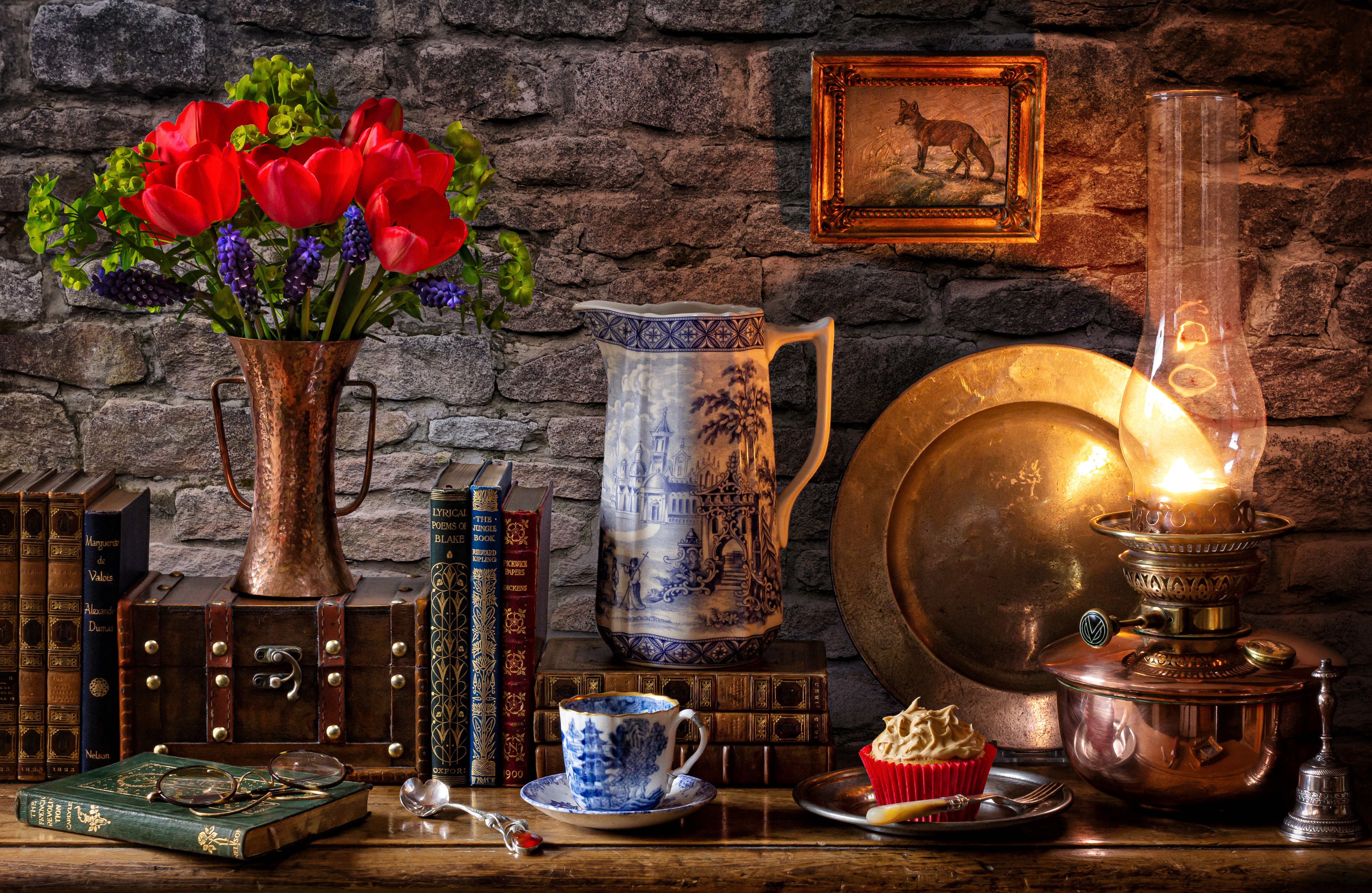 Still-life with tulips, books, and a kerosene lamp HD Wallpaper