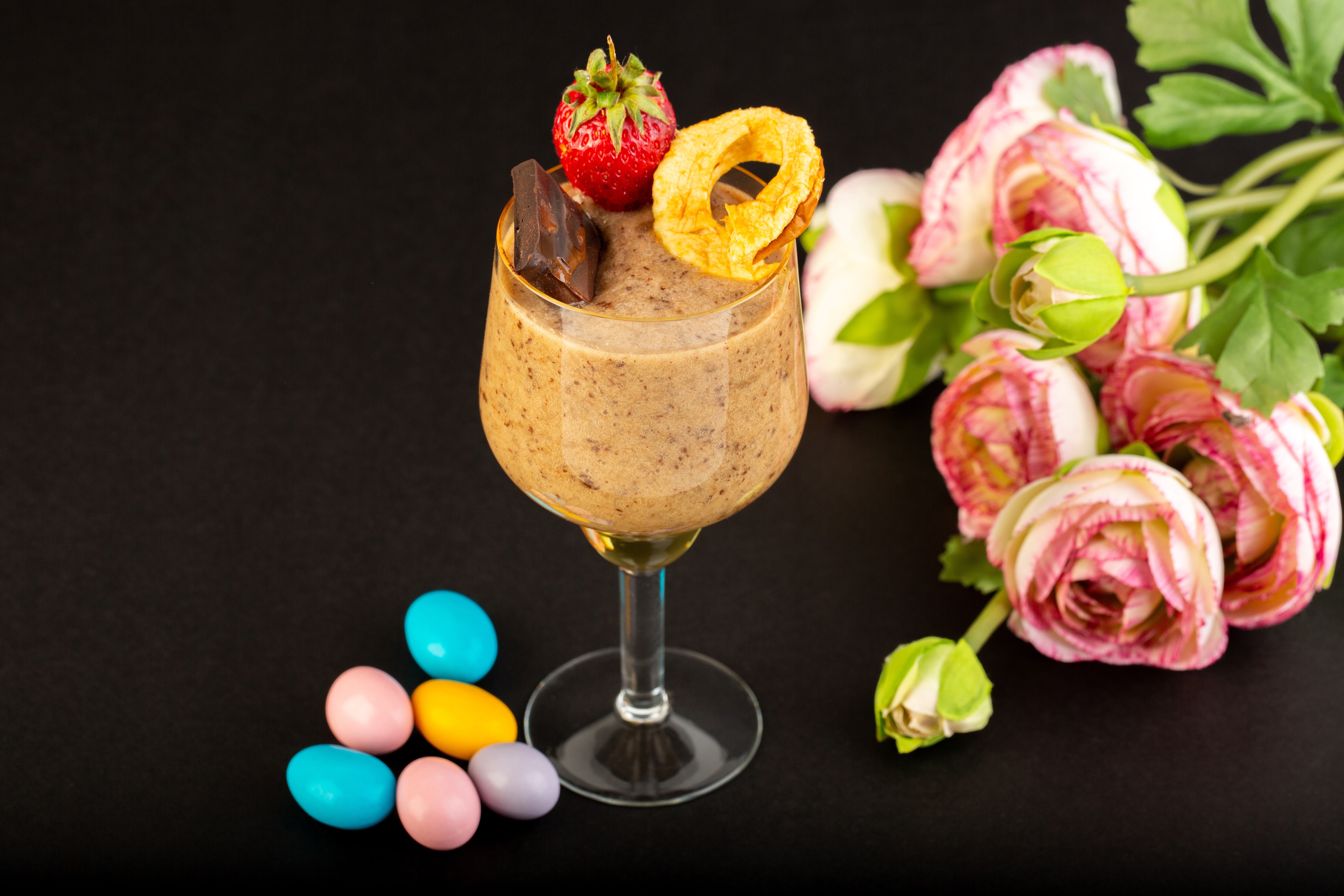 Dessert with Strawberry, Chocolate, and Flowers HD Wallpaper