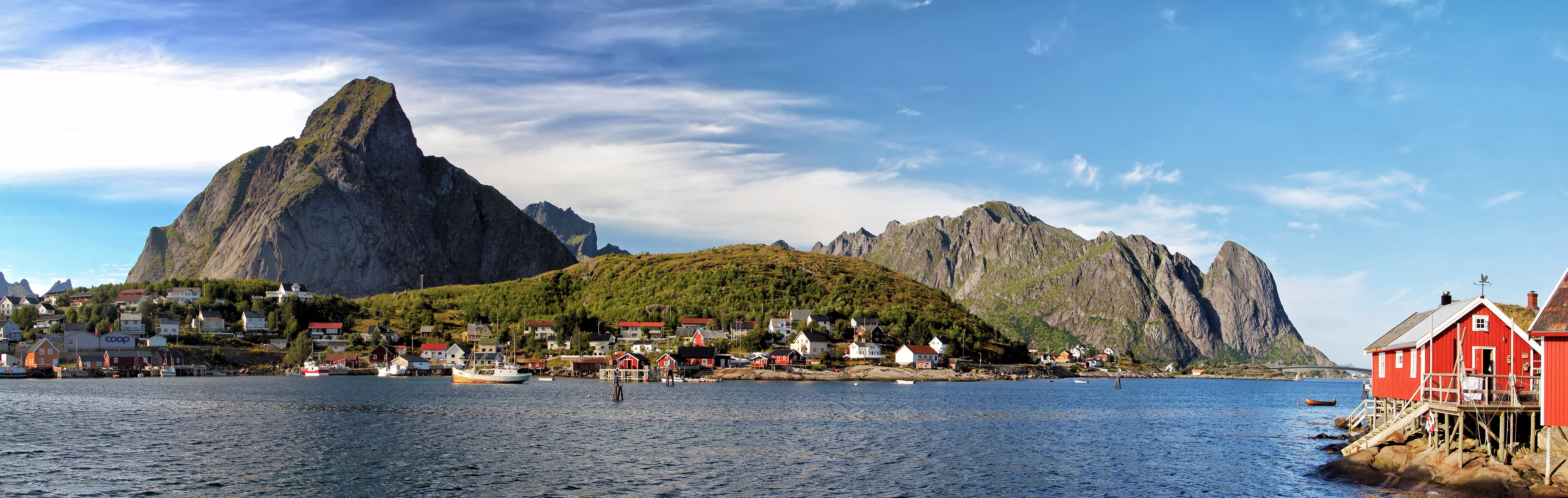 Panorama of Lofoten, Norway with Mountains and Houses HD Wallpaper
