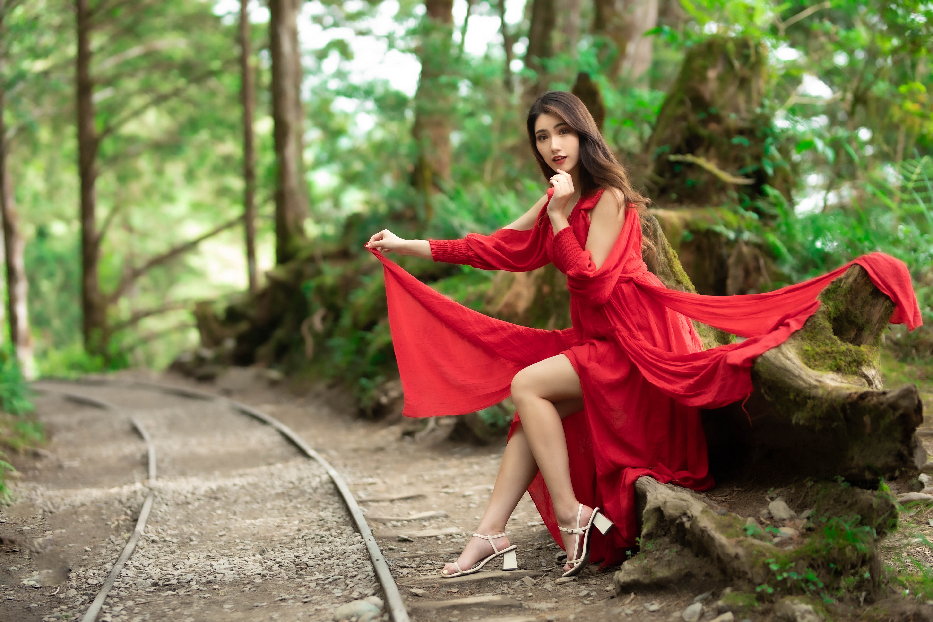 Woman in red dress sitting by train tracks in forest HD Wallpaper