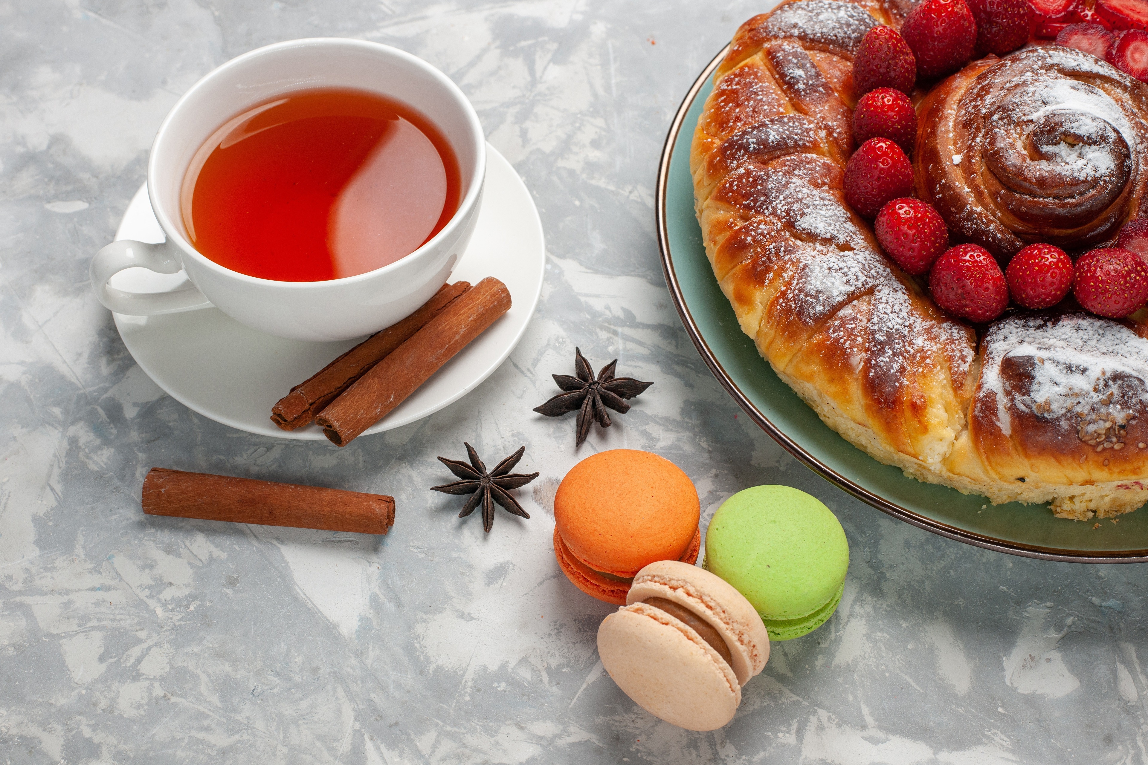 Tea, Pastry, Strawberries, Cinnamon, Macarons, and Star Anise HD Wallpaper