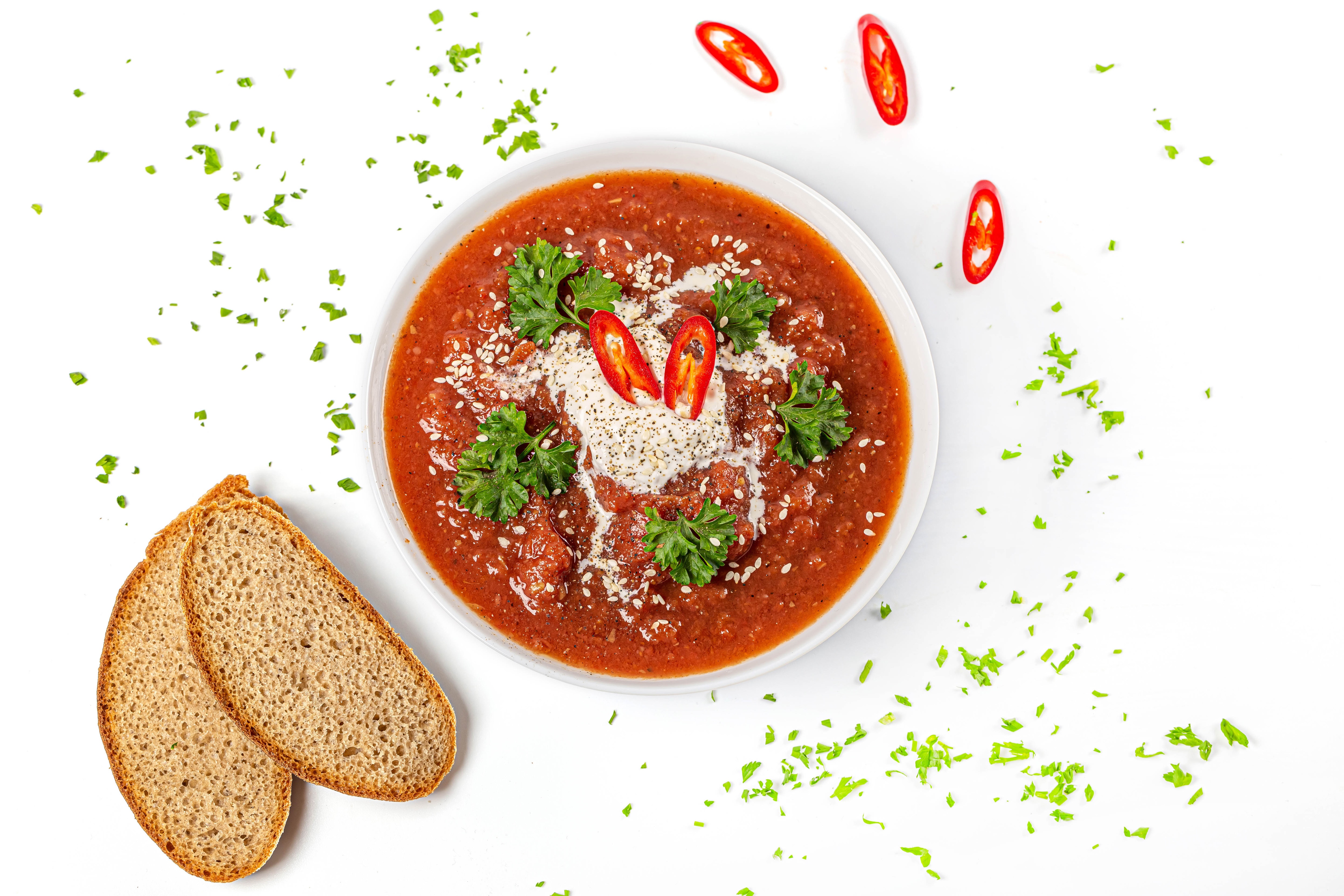 Bowl of Borscht with Bread and Chili Peppers HD Wallpaper