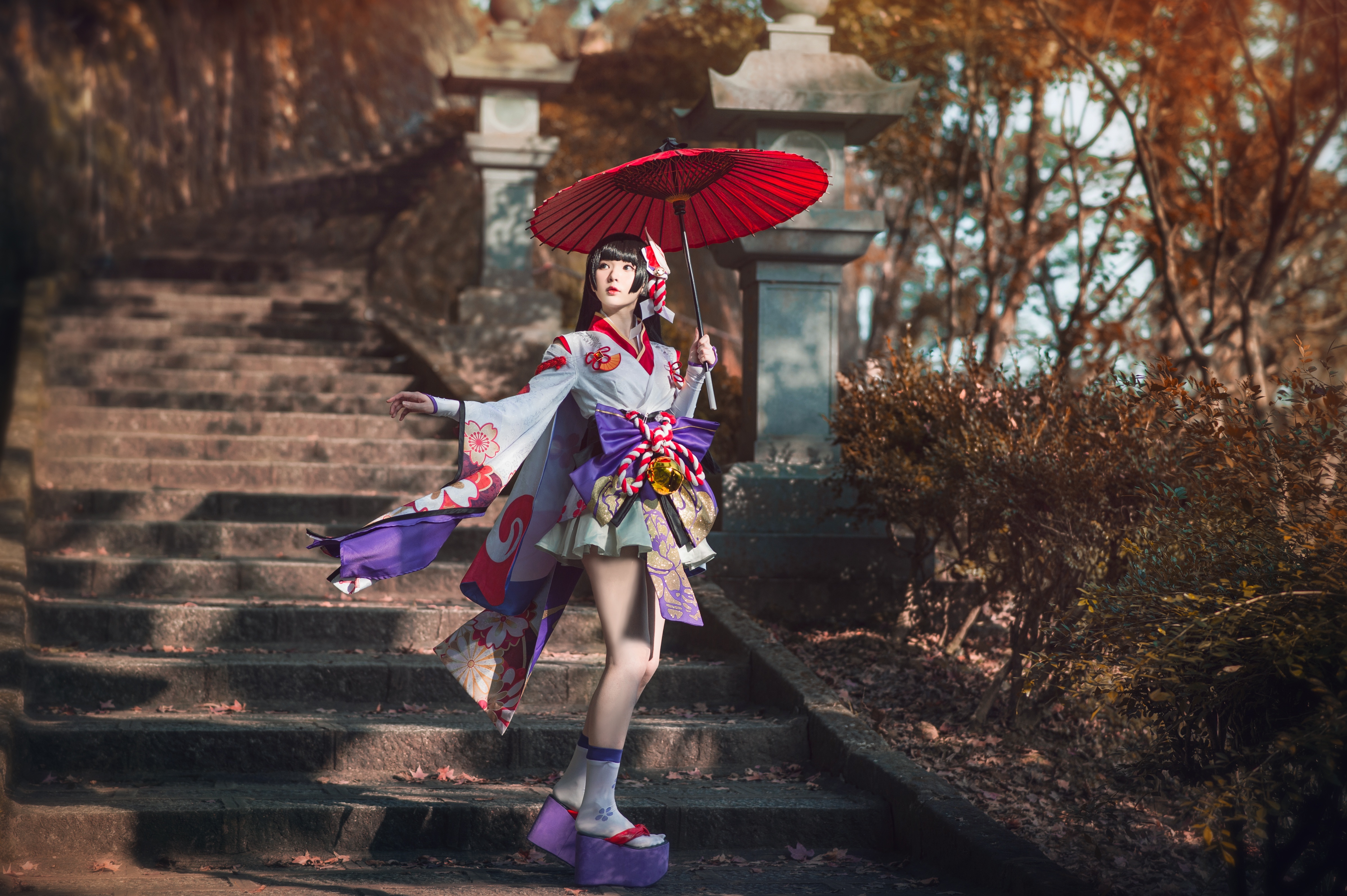 Cosplayer with Umbrella on Stairs HD Wallpaper