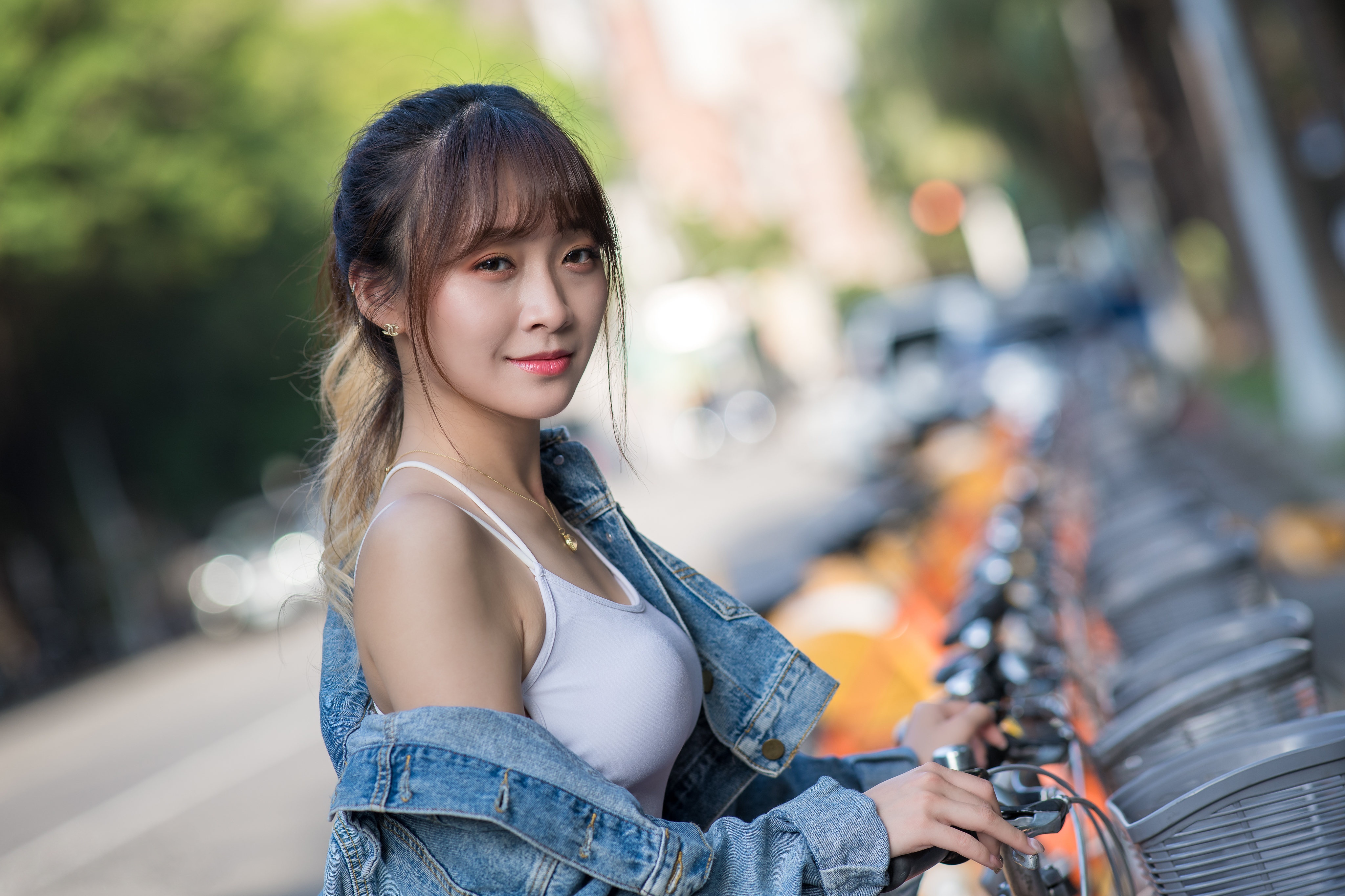 Asian woman in denim jacket and singlet HD Wallpaper