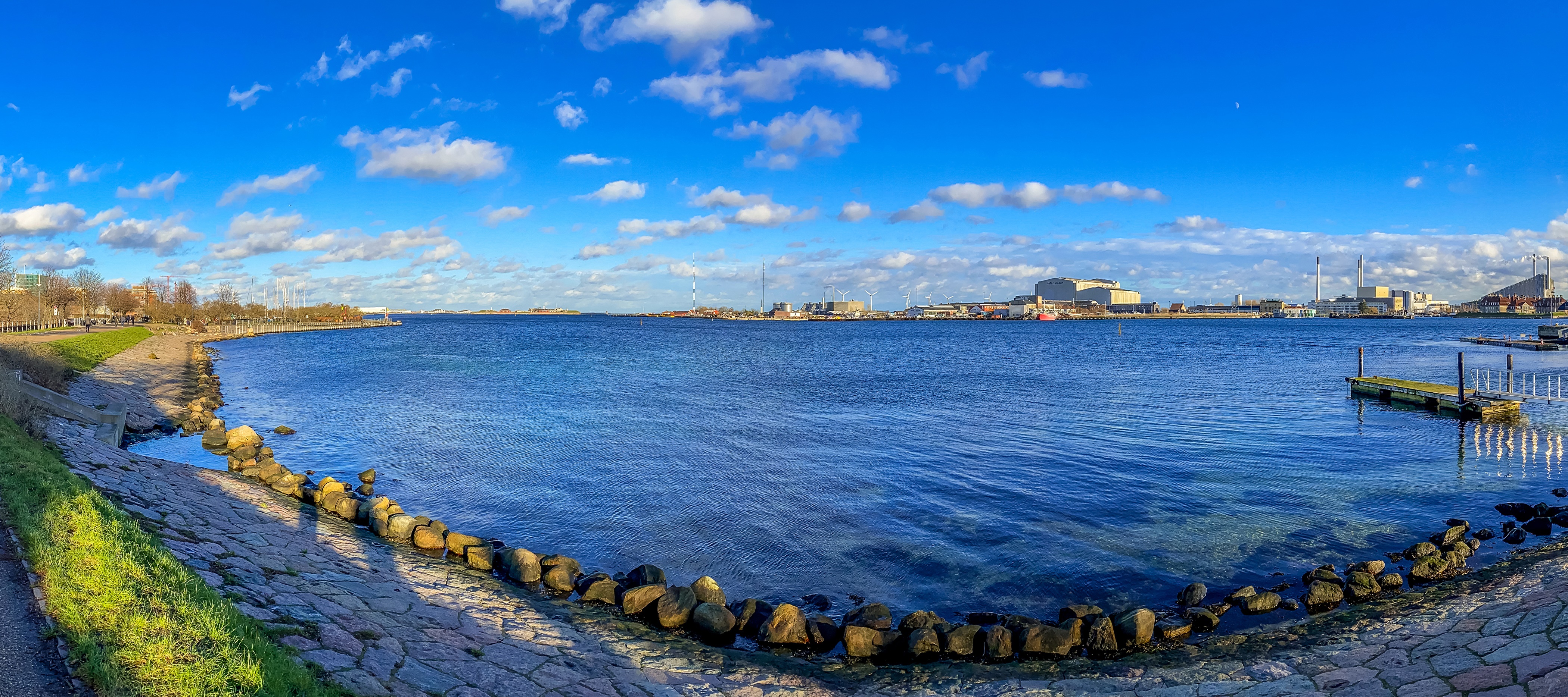 Panorama of Copenhagen Bay with Marinas and Industrial Buildings HD Wallpaper