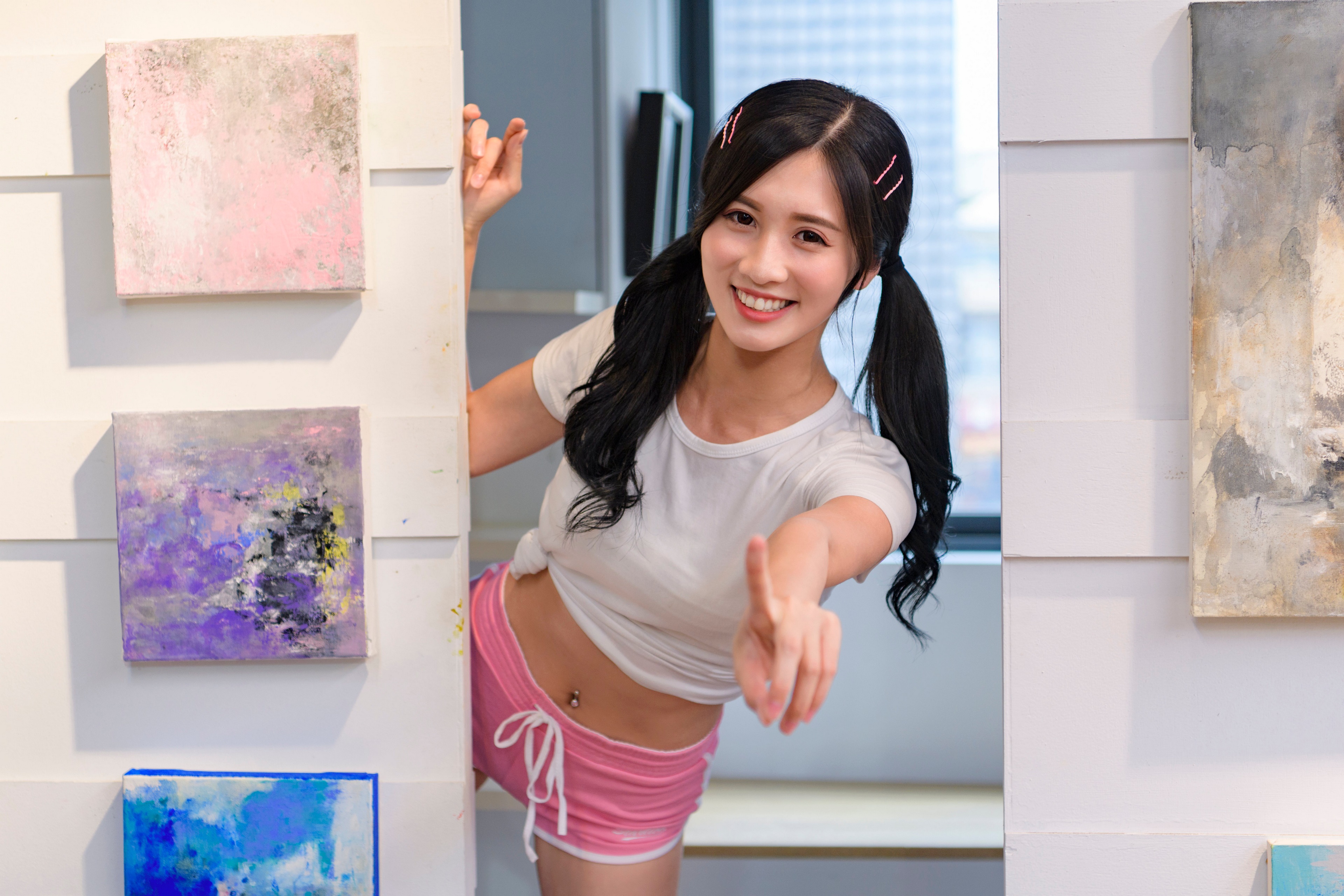 Asian girl with pigtails and pink shorts HD Wallpaper
