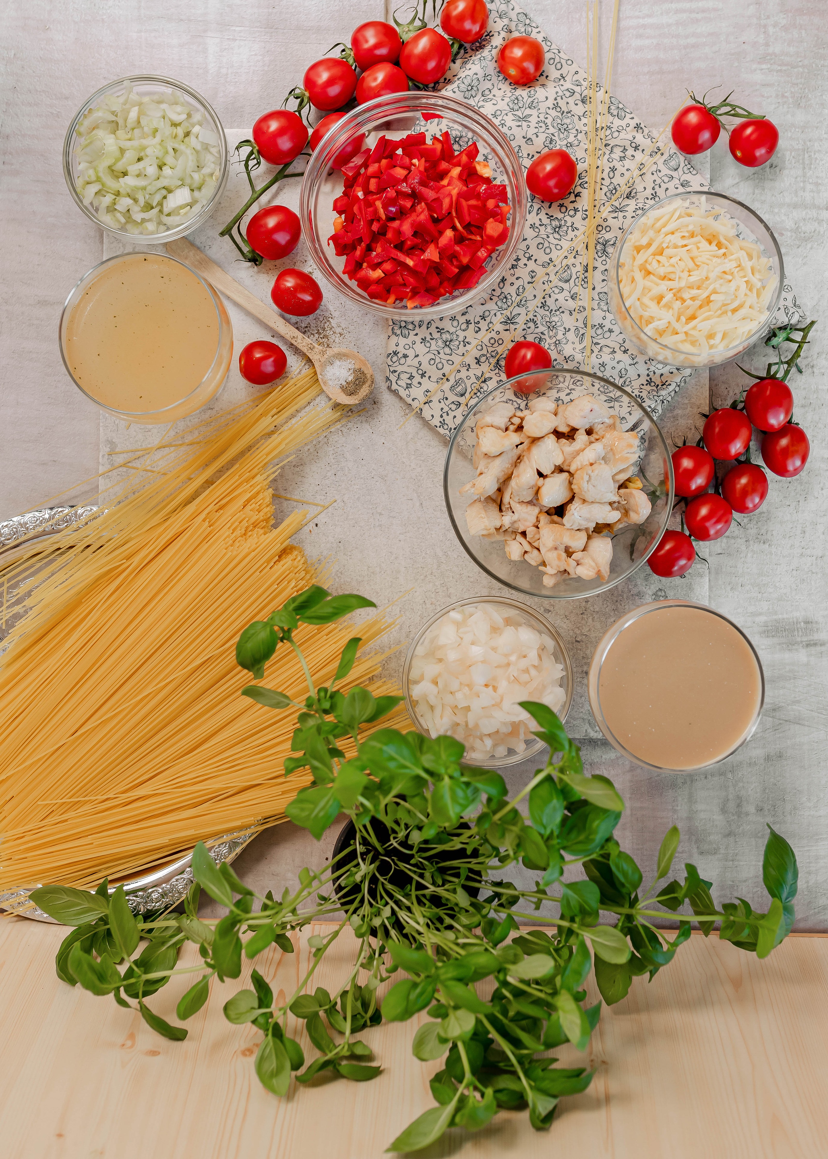 Ingredients for Chicken Pasta with Tomatoes and Cheese HD Phone Wallpaper