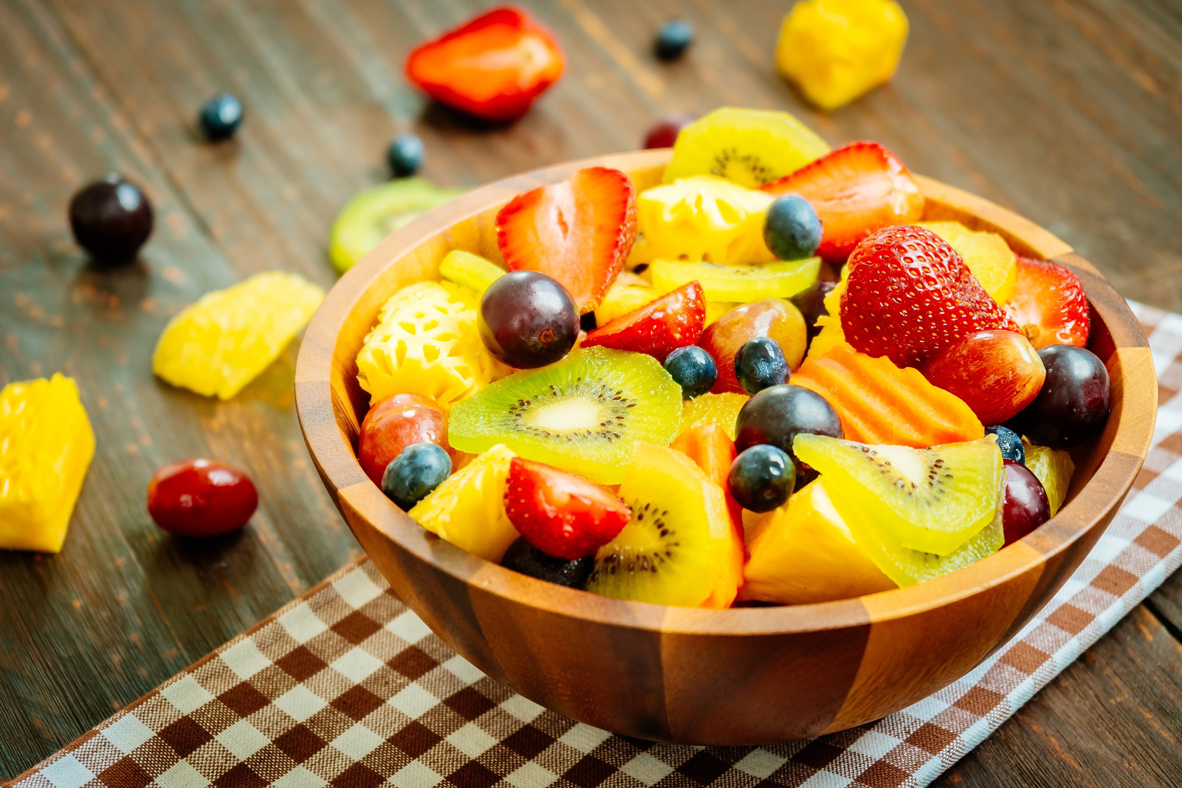 Fruit Salad in a Bowl with Strawberries, Kiwi, Grapes, Blueberries HD Wallpaper