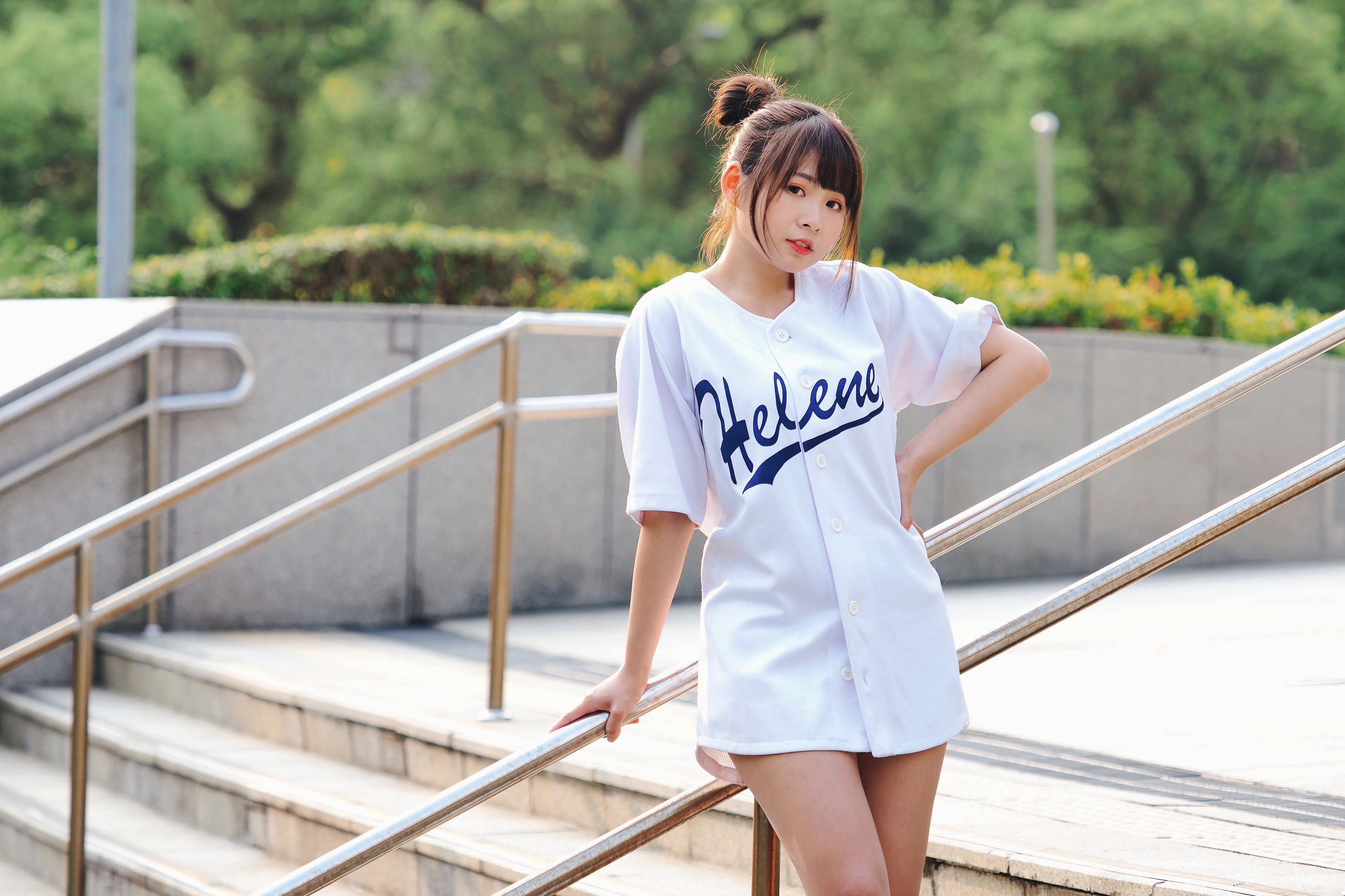 Asian girl in Helene baseball jersey on stairs HD Wallpaper