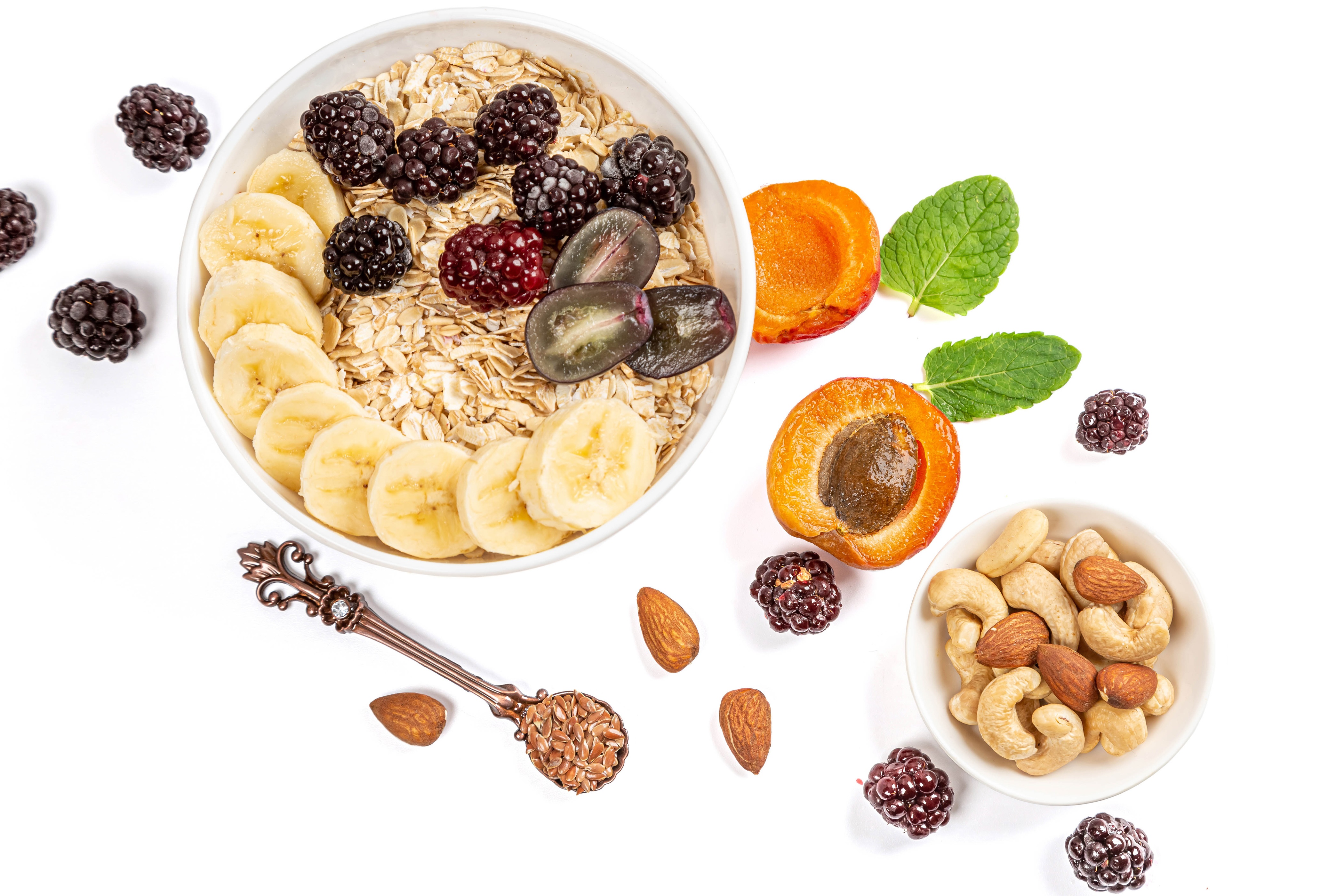 Oatmeal with Bananas, Blackberries, Apricots, Nuts, and Spoon HD Wallpaper