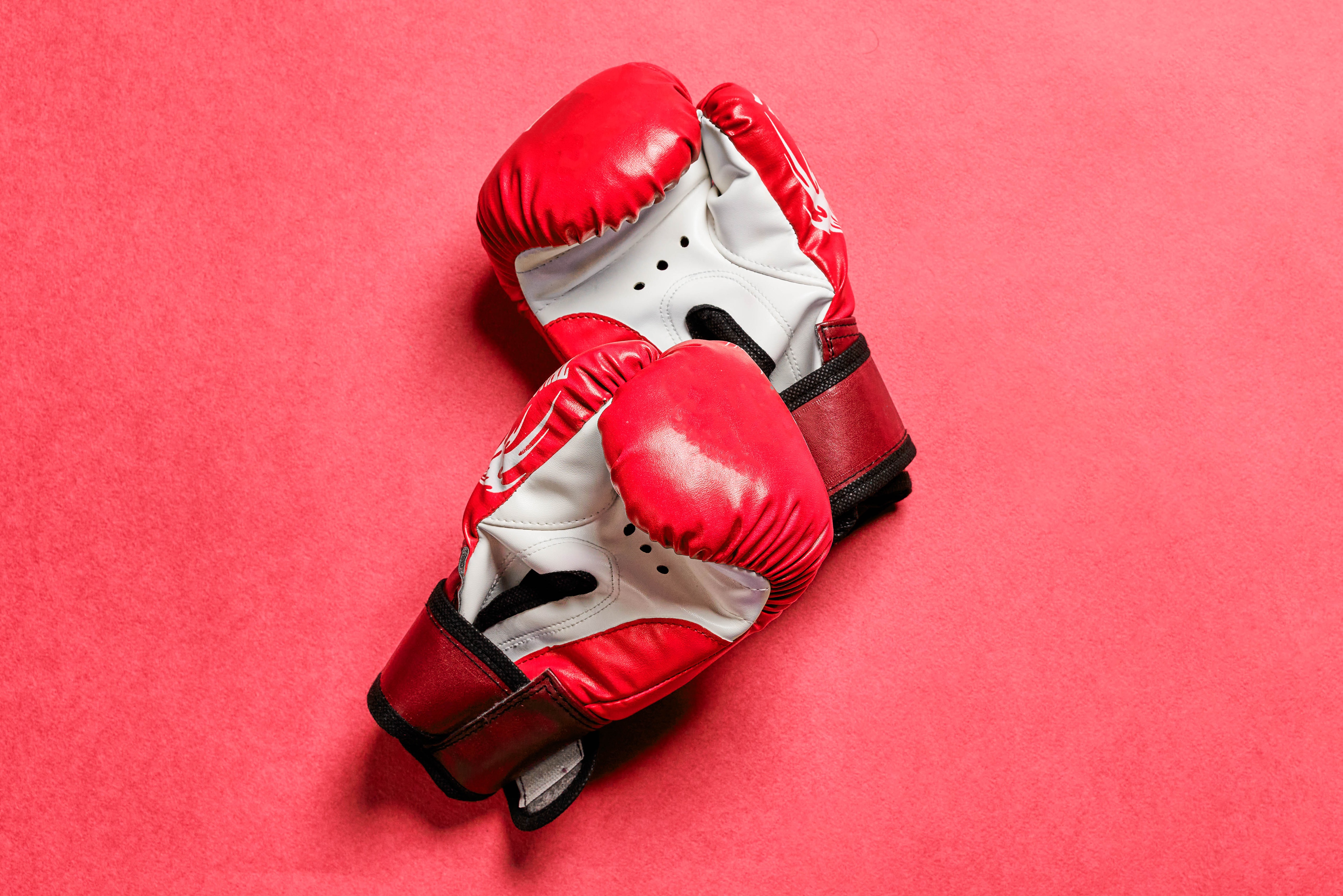 Two red Taekwondo sparring gloves on pink background HD Wallpaper