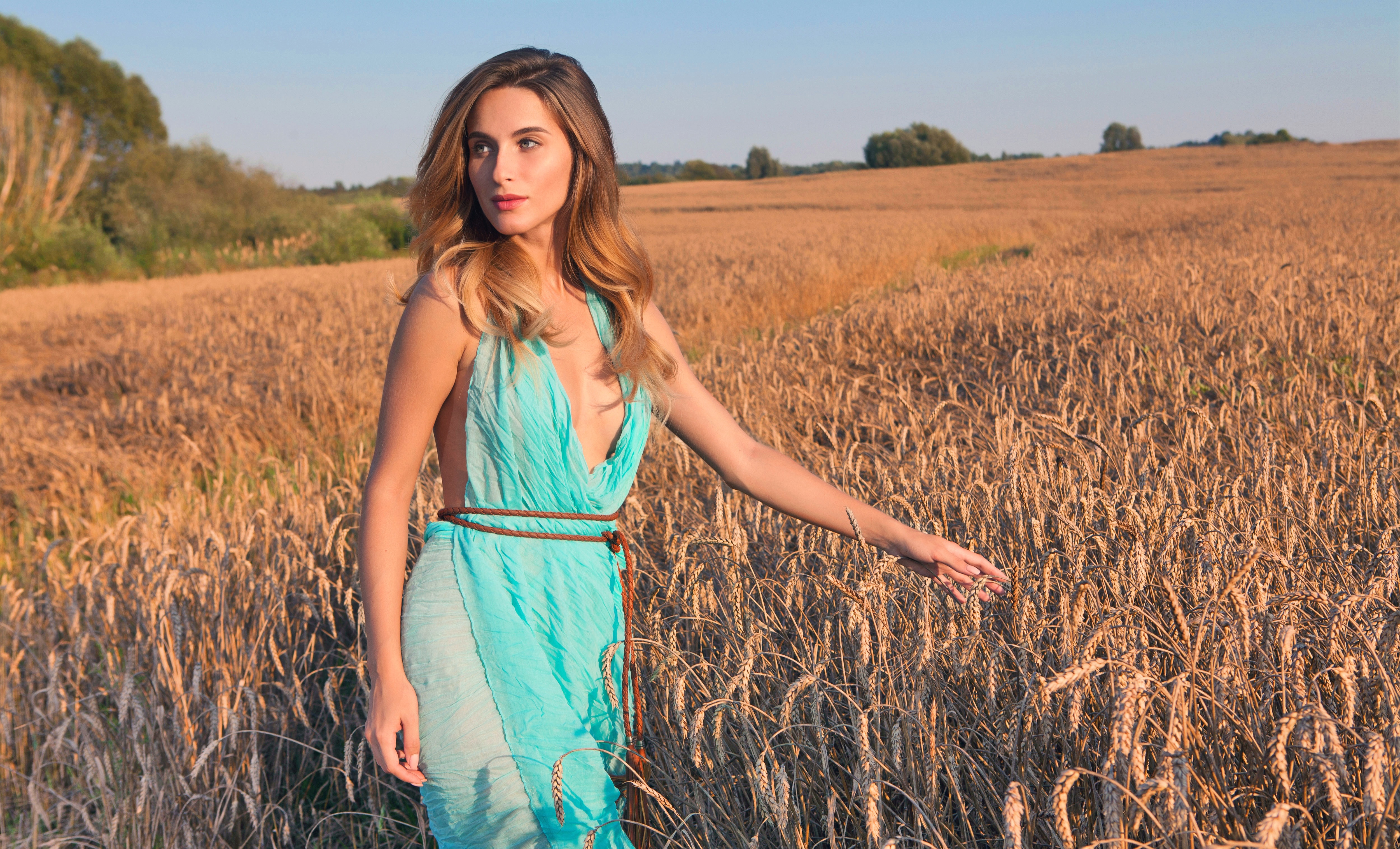 Woman in a blue dress in a wheat field HD Wallpaper