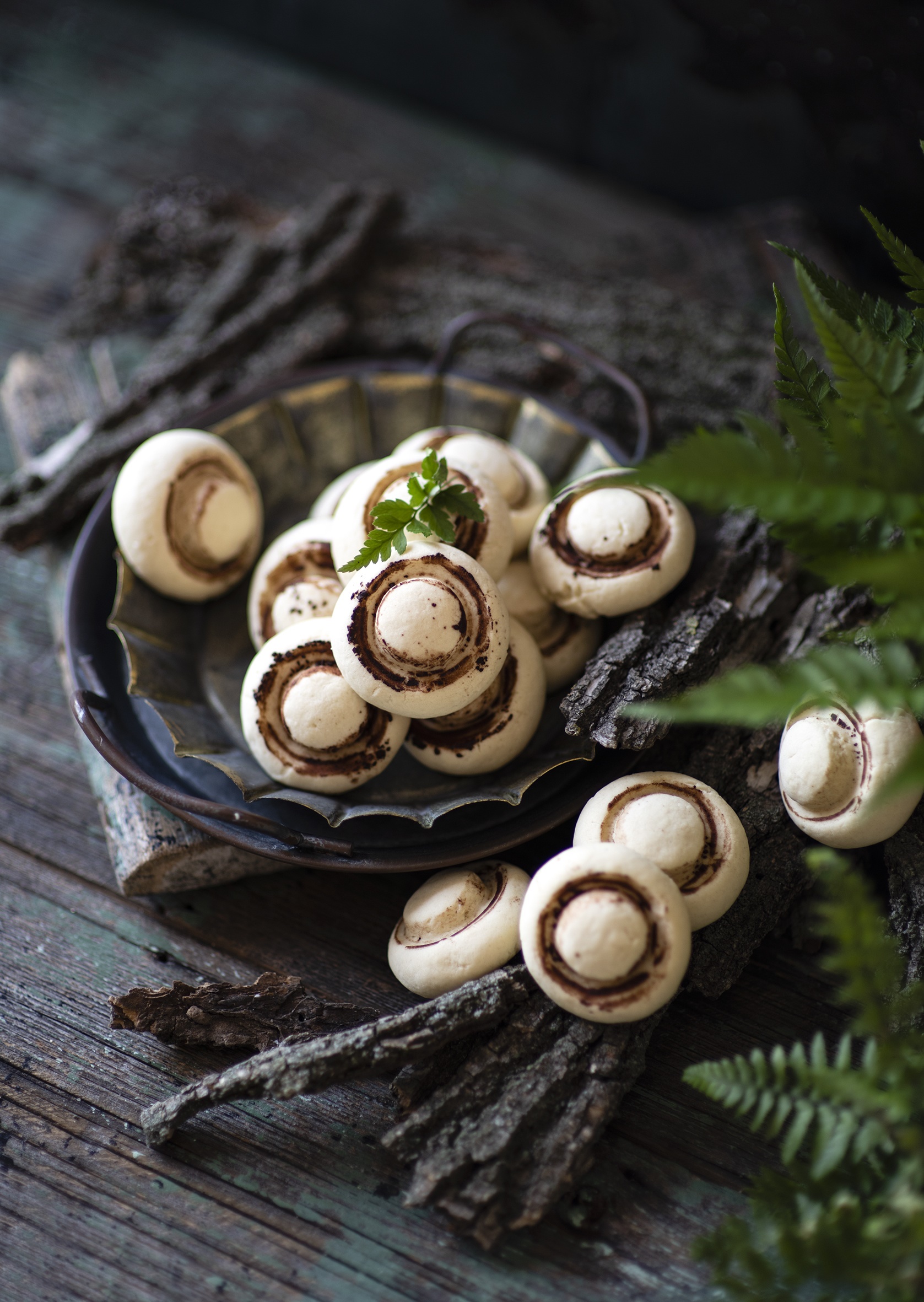 Mushroom cookies on a rustic wooden table HD Phone Wallpaper