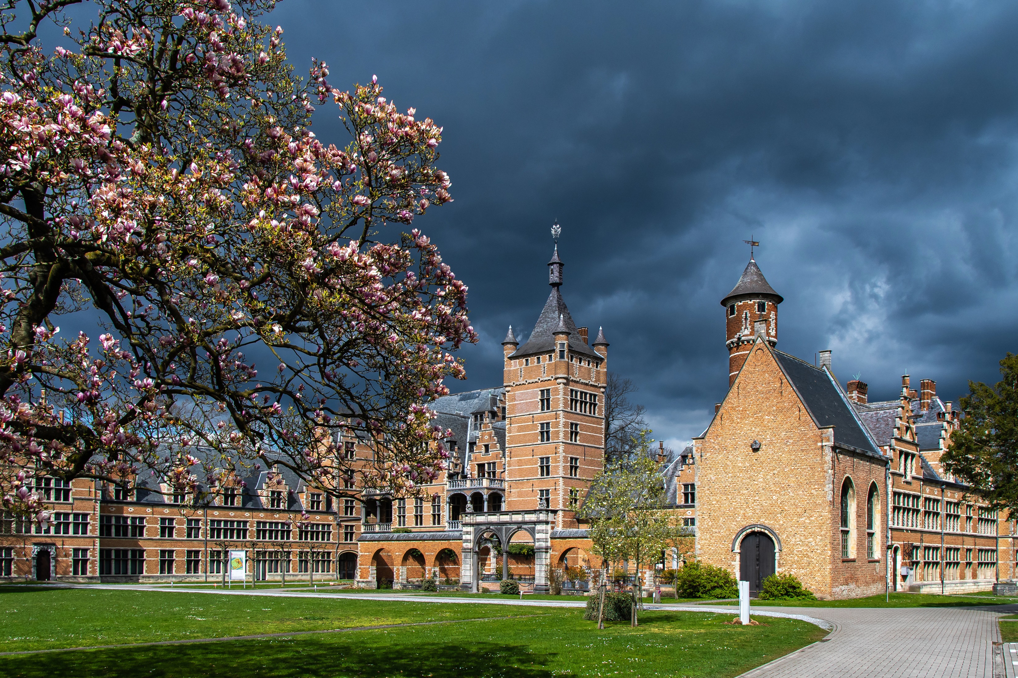 Castle Cantecroy in Mortsel, Belgium with flowering trees HD Wallpaper