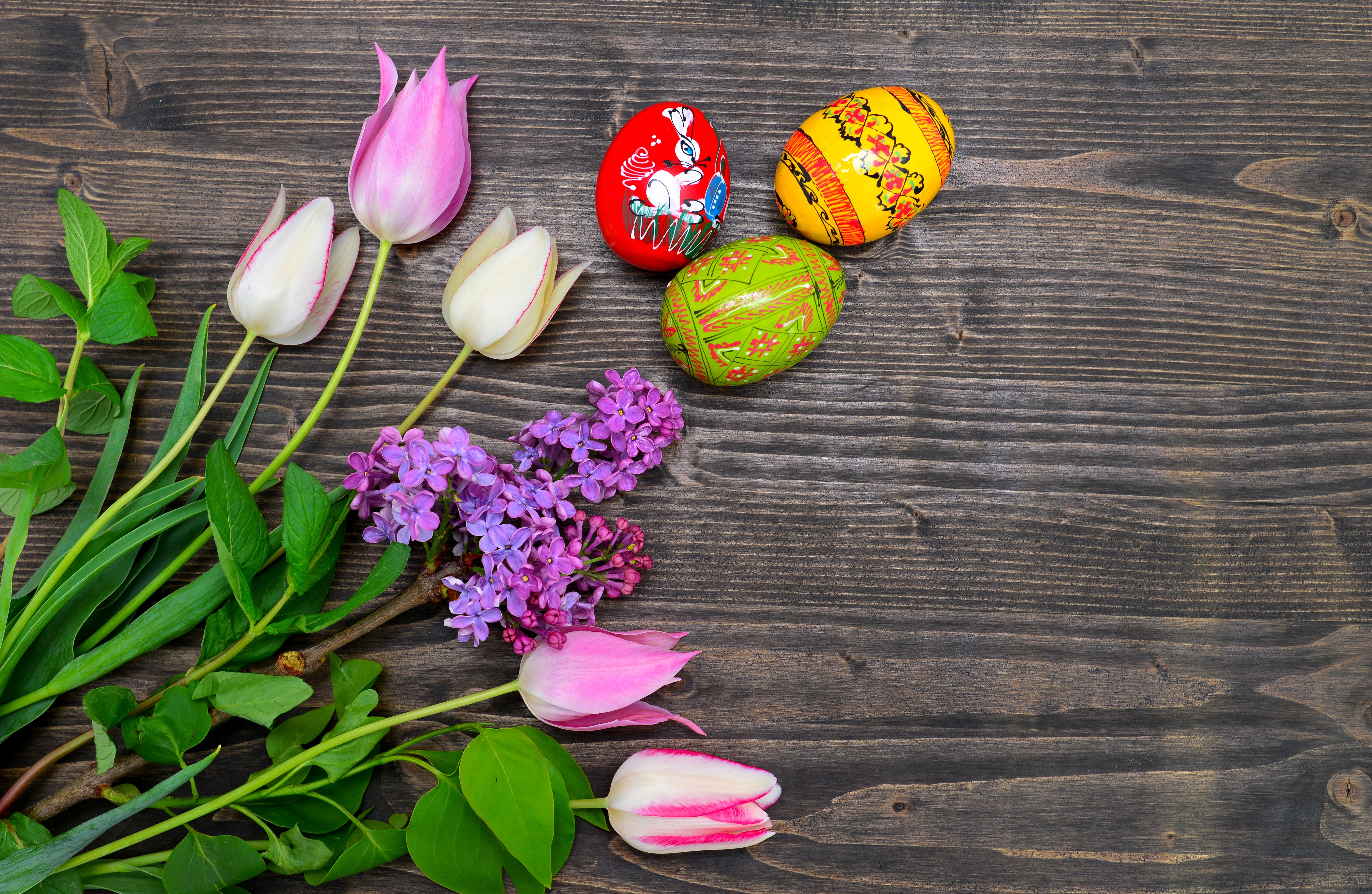 Easter Tulips, Lilac, and Decorated Eggs HD Wallpaper