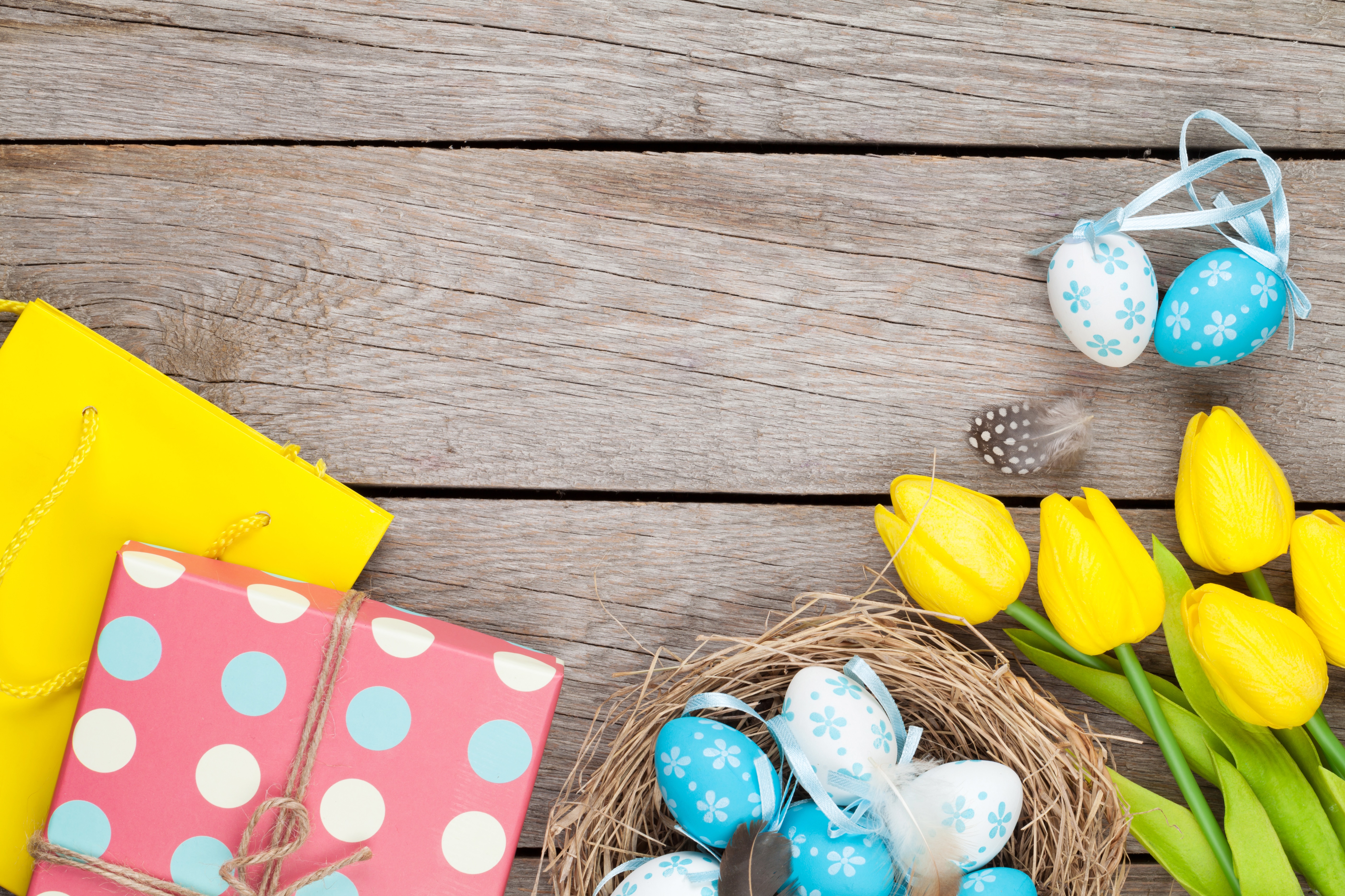 Easter Eggs, Tulips, and Gifts on Wood HD Wallpaper