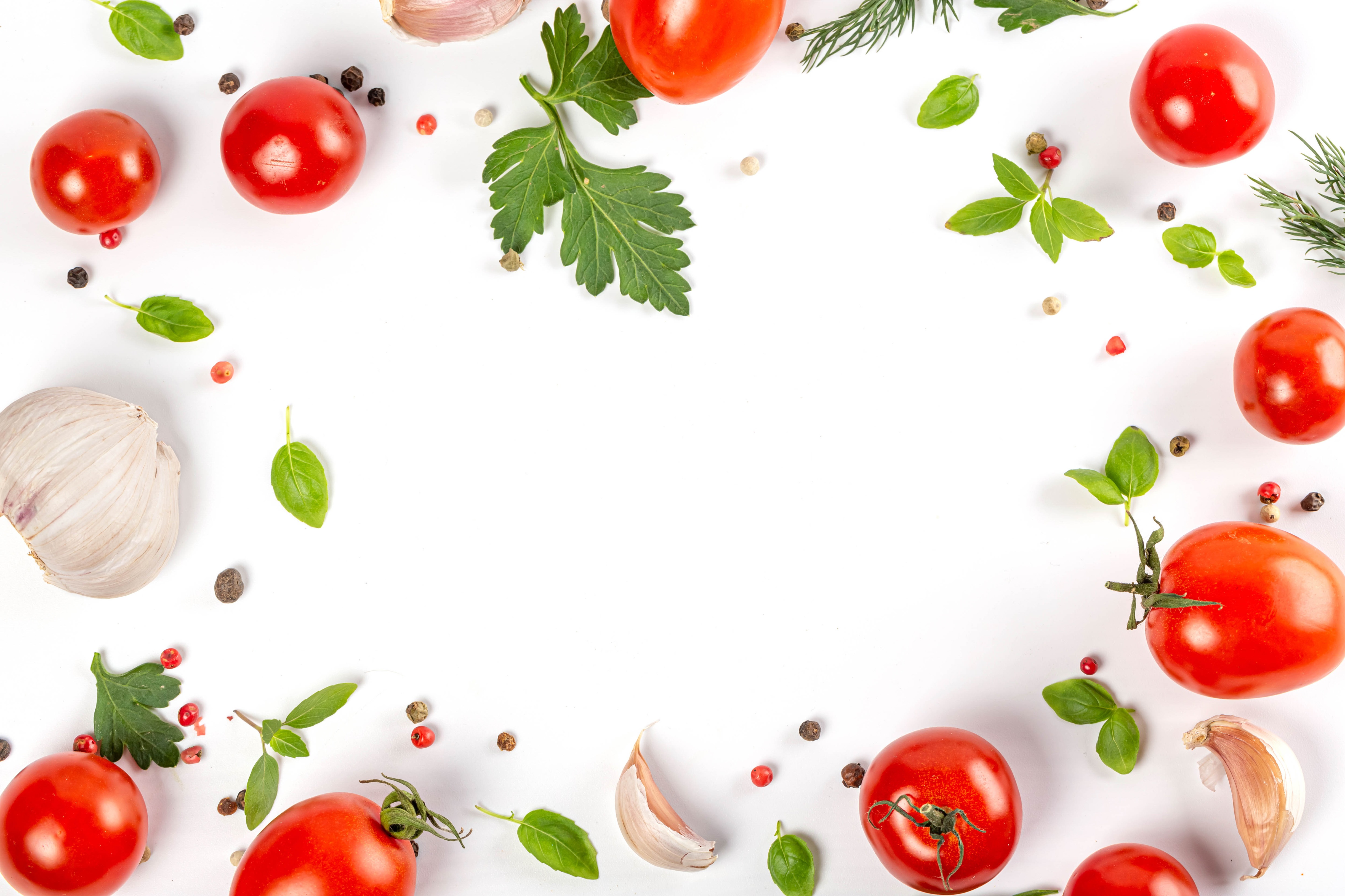 Tomatoes, Garlic, Herbs, and Spices on White Background HD Wallpaper