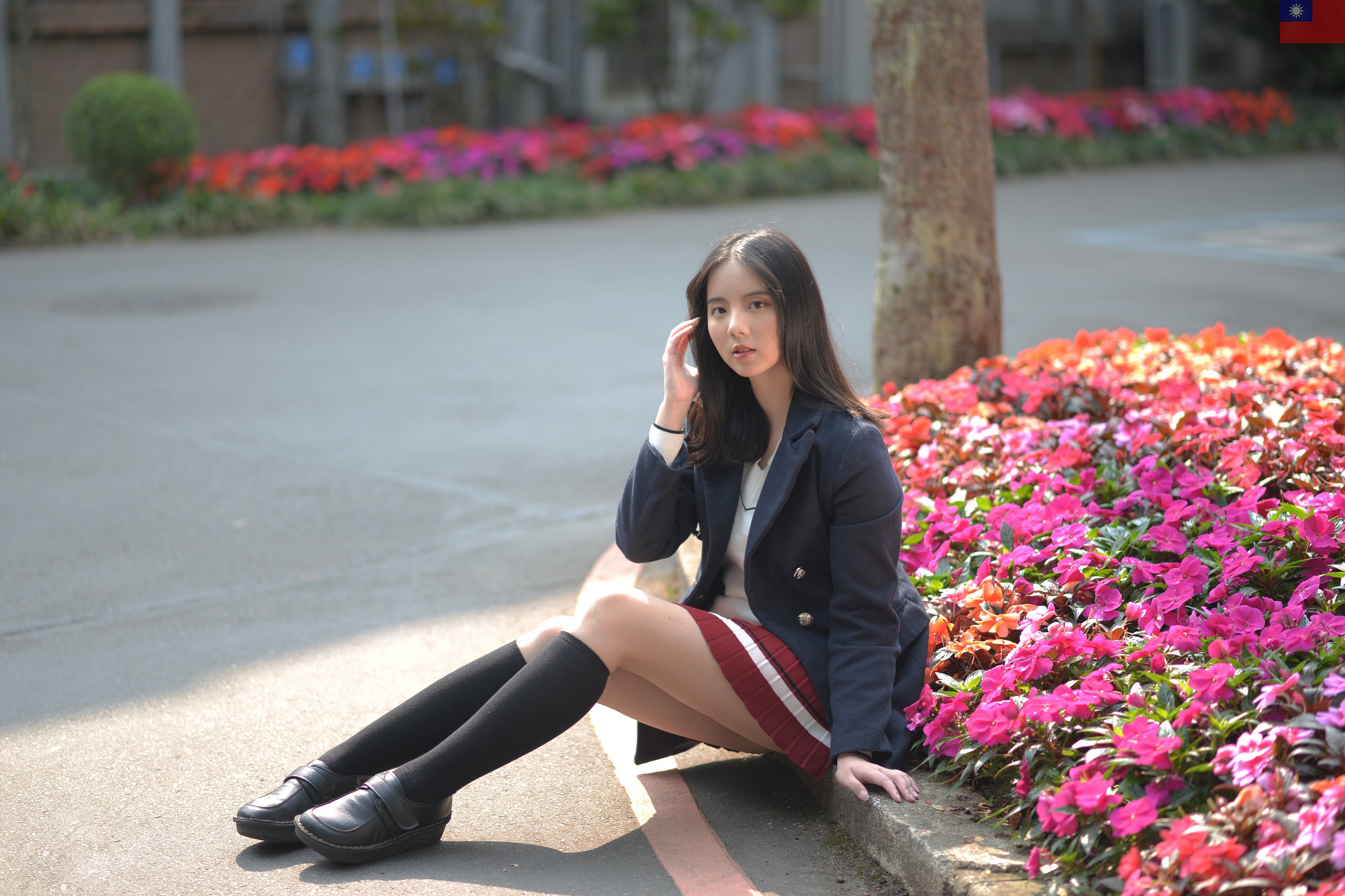 Brunette girl in school uniform sitting by flowers HD Wallpaper