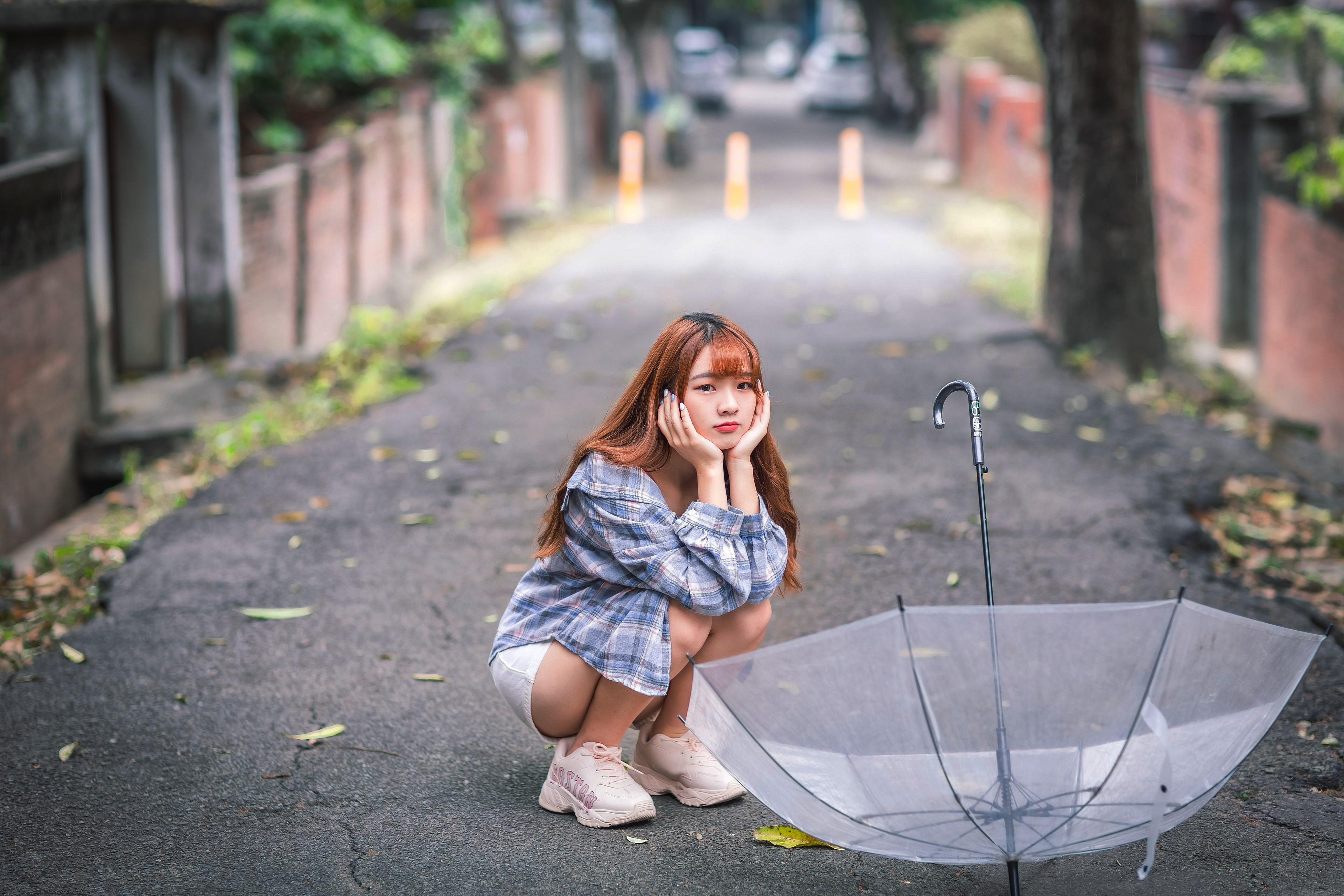 Asian girl with umbrella on a street HD Wallpaper