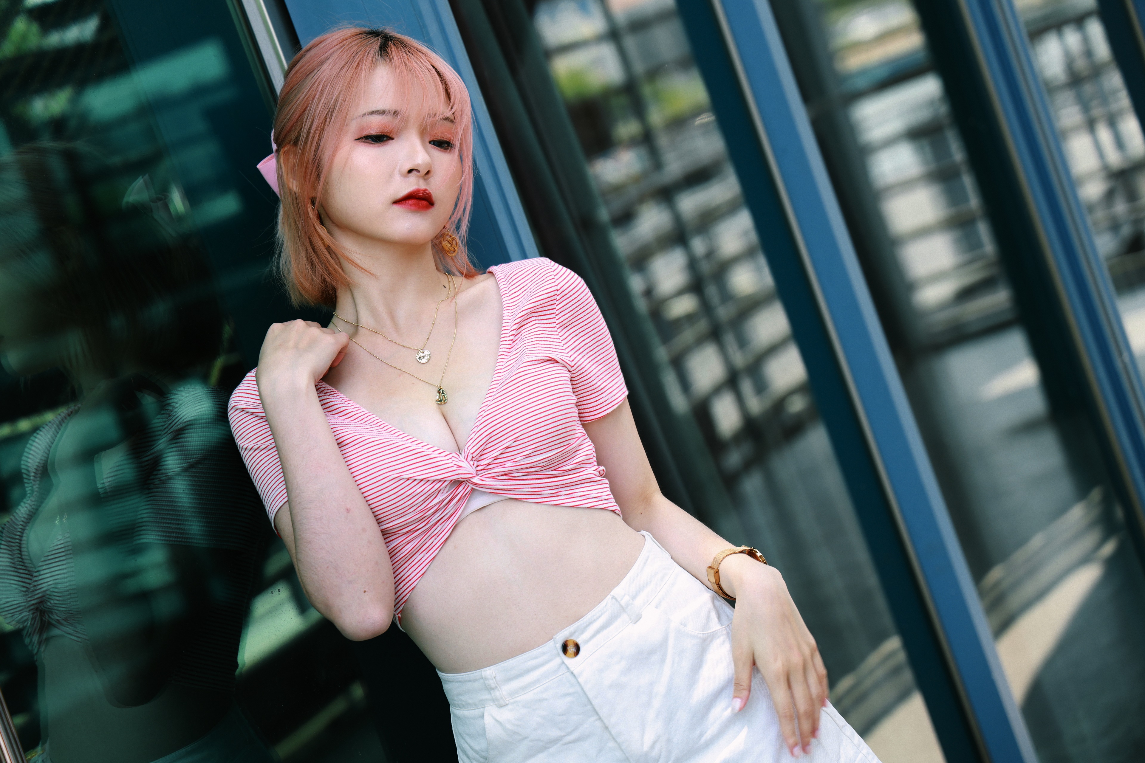 Asian woman in pink striped top and white shorts HD Wallpaper
