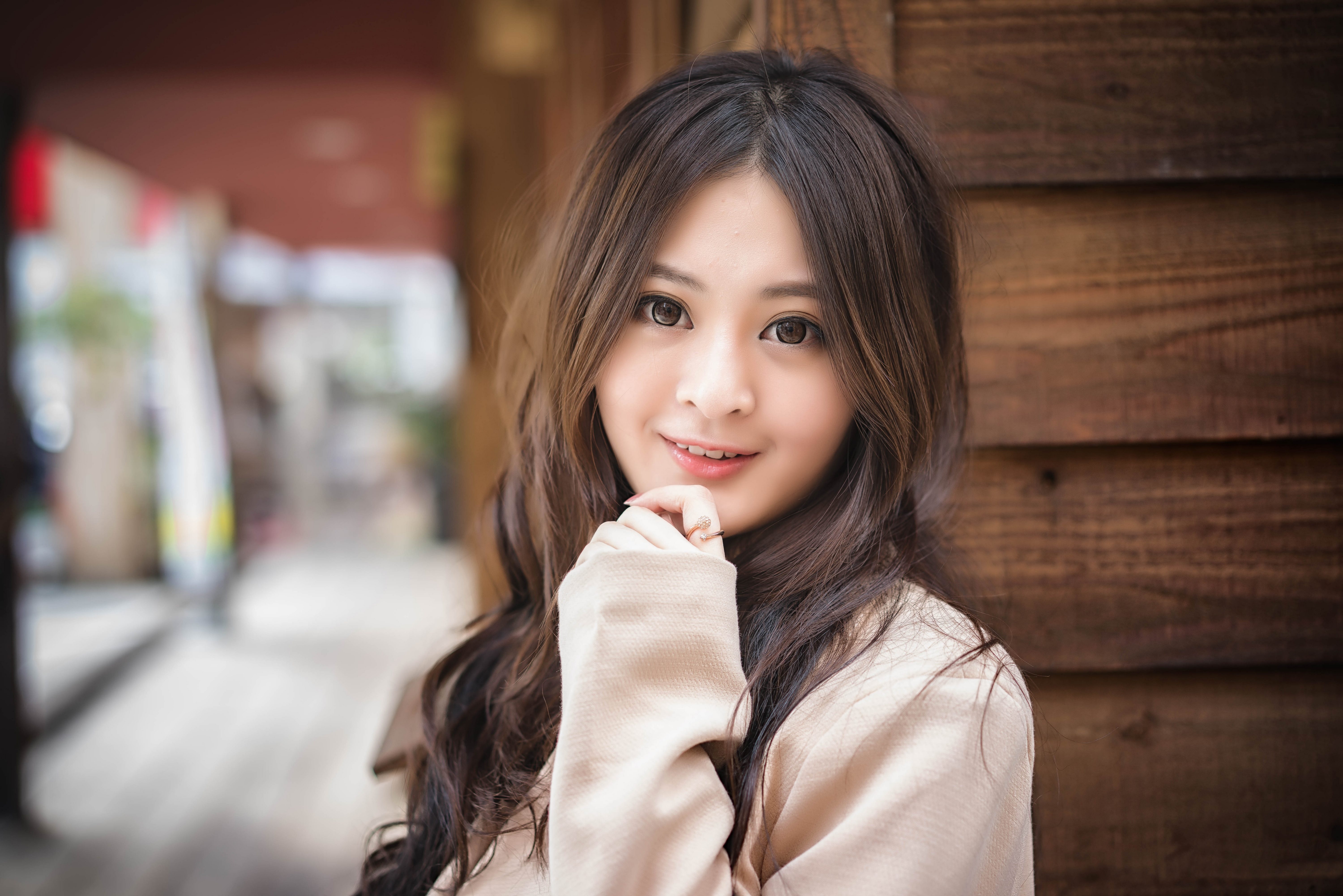 Asian woman with brown hair smiling HD Wallpaper