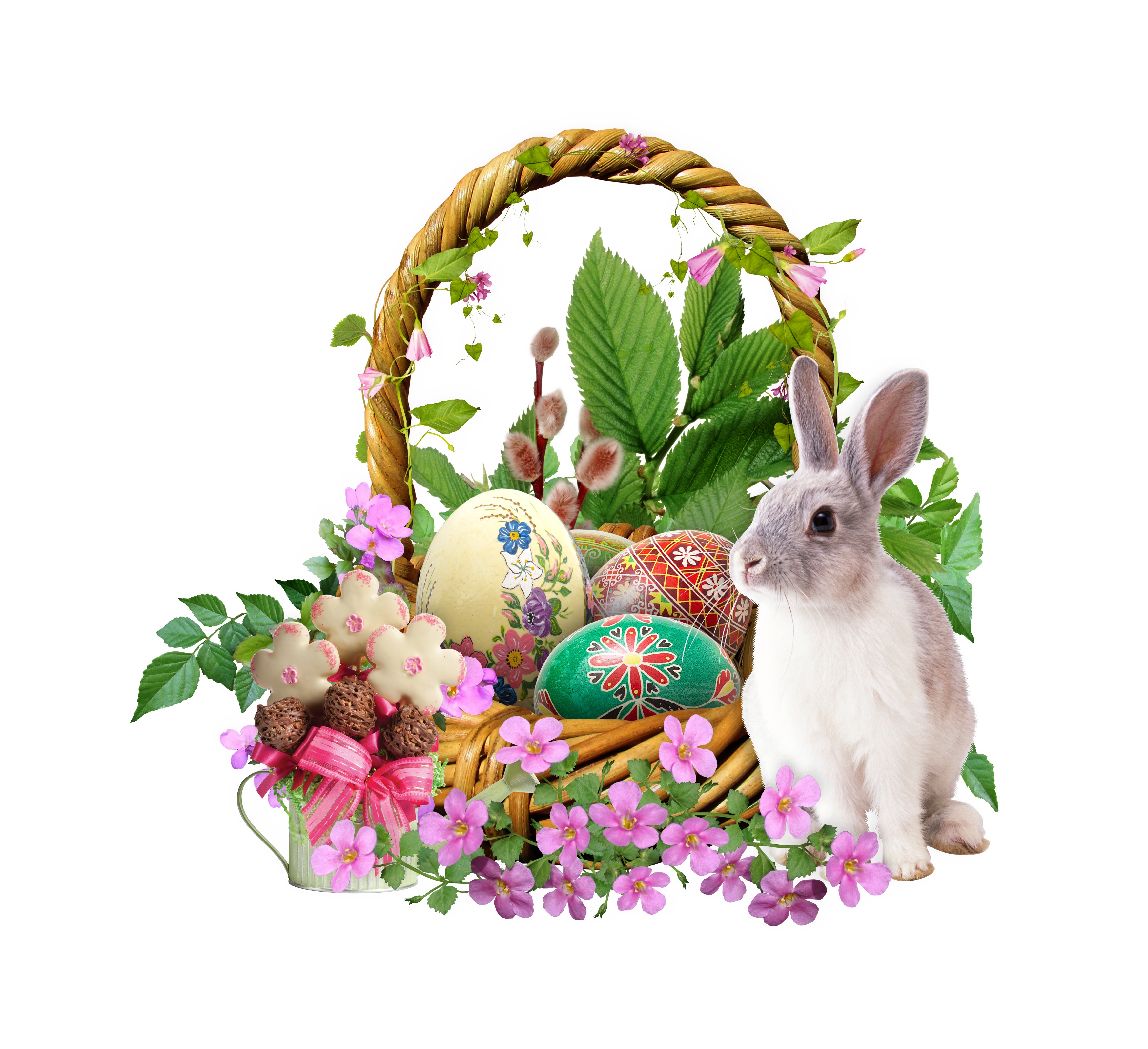 Easter basket with decorated eggs and a rabbit HD Wallpaper