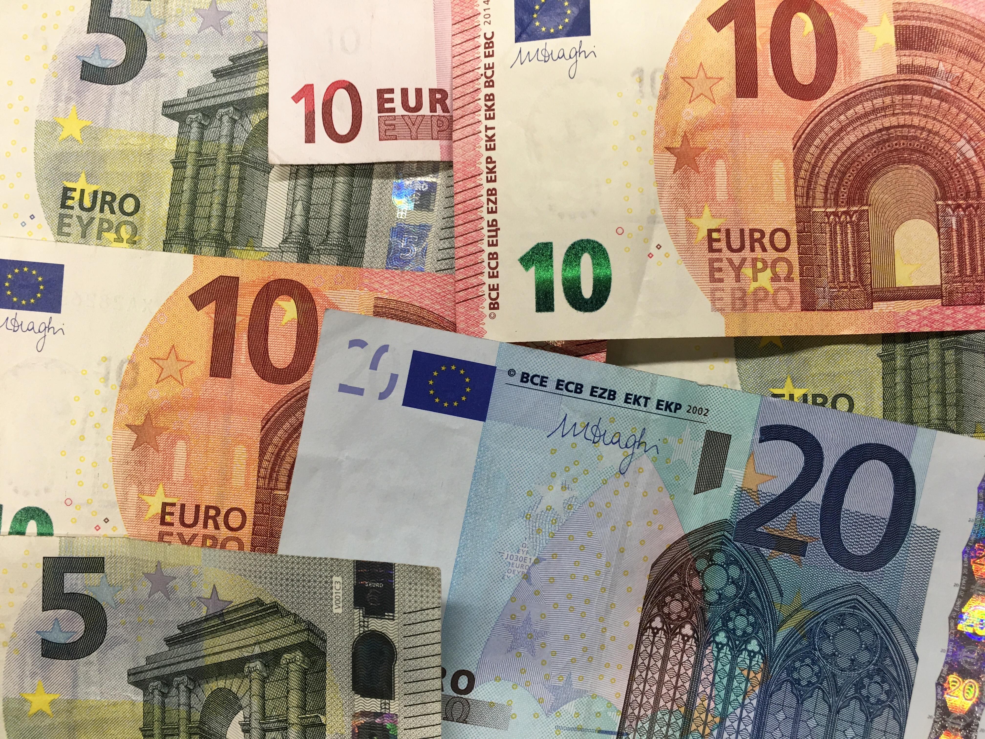 Euro banknotes: 5, 10, and 20 denominations HD Wallpaper