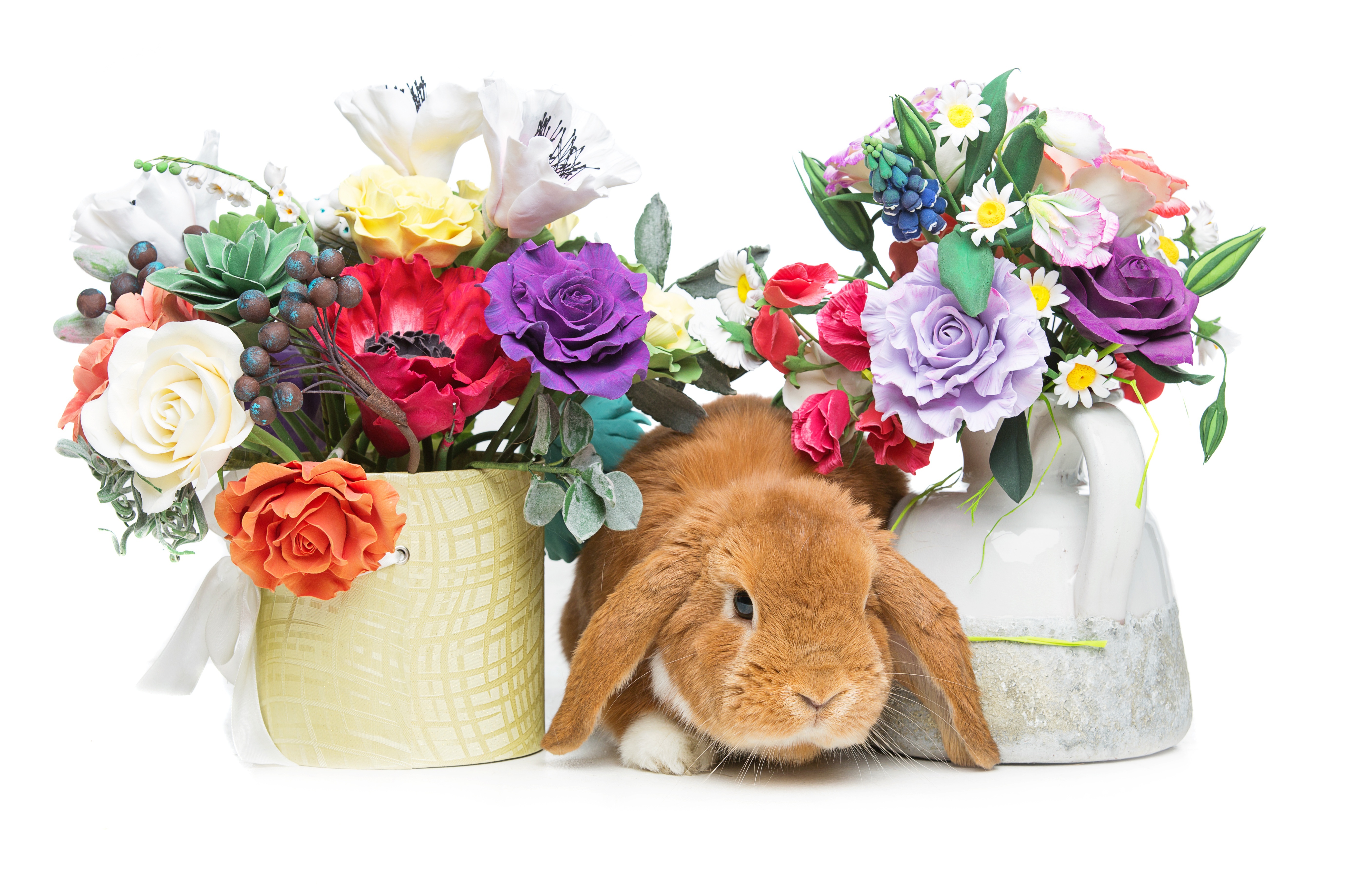 Easter Bunny with Flower Bouquets HD Wallpaper