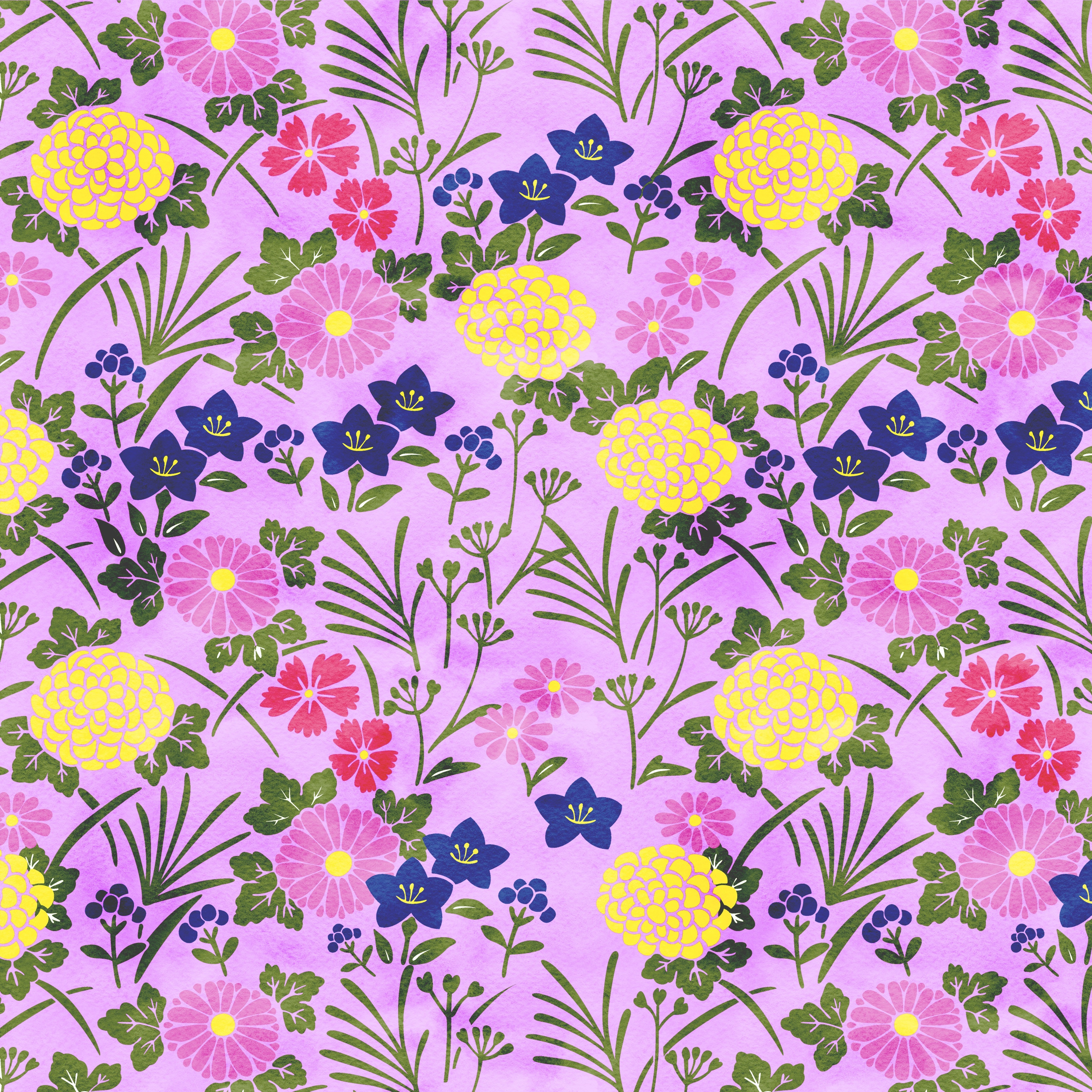 Floral pattern with pink, yellow, and blue flowers HD Wallpaper