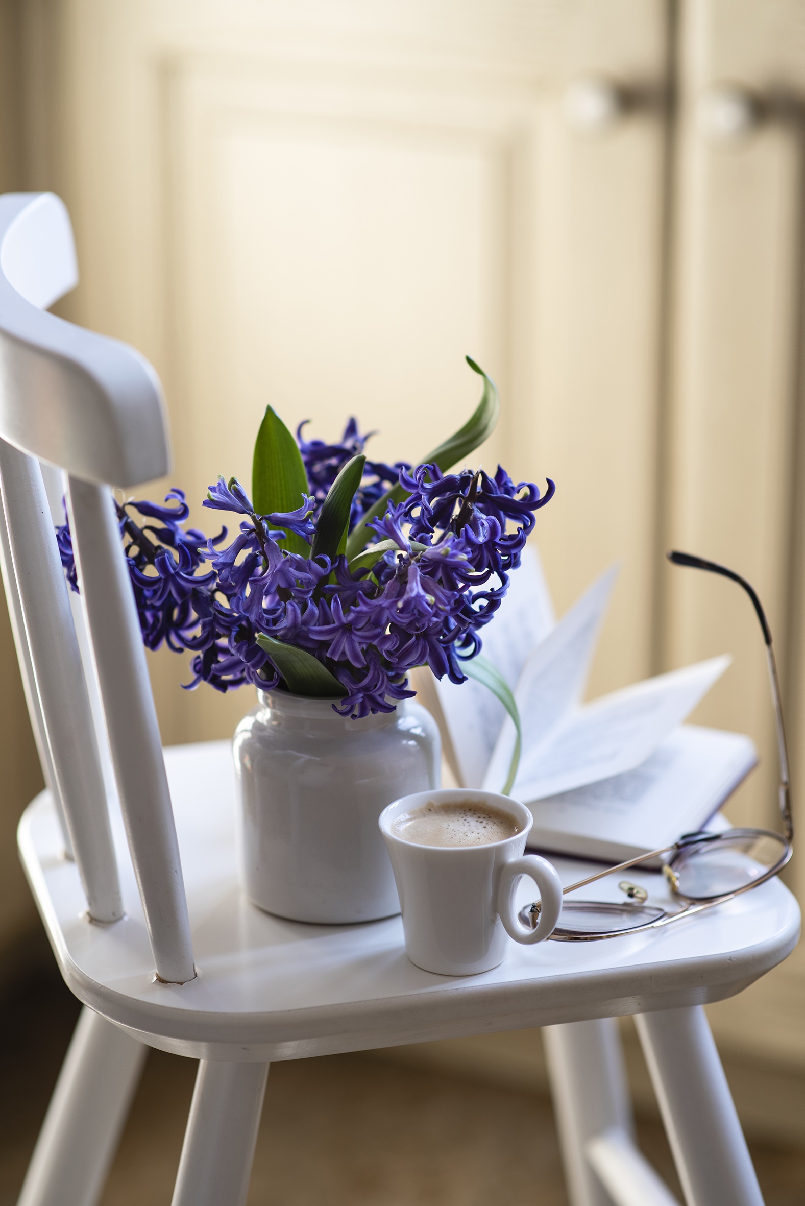 Still life with hyacinths, coffee, and glasses HD Phone Wallpaper