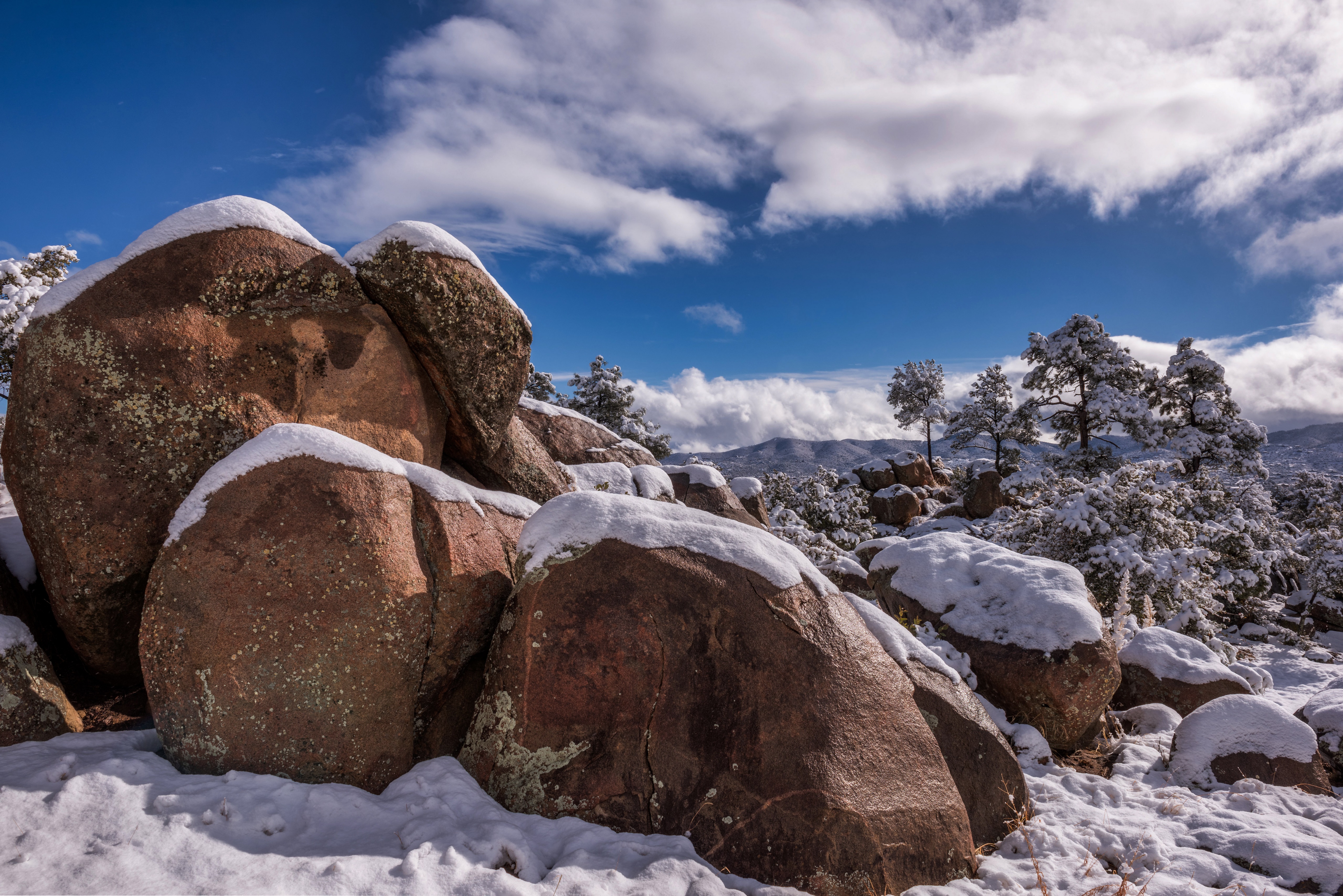 Winter snow on rocks and trees in Prescott, Arizona HD Wallpaper