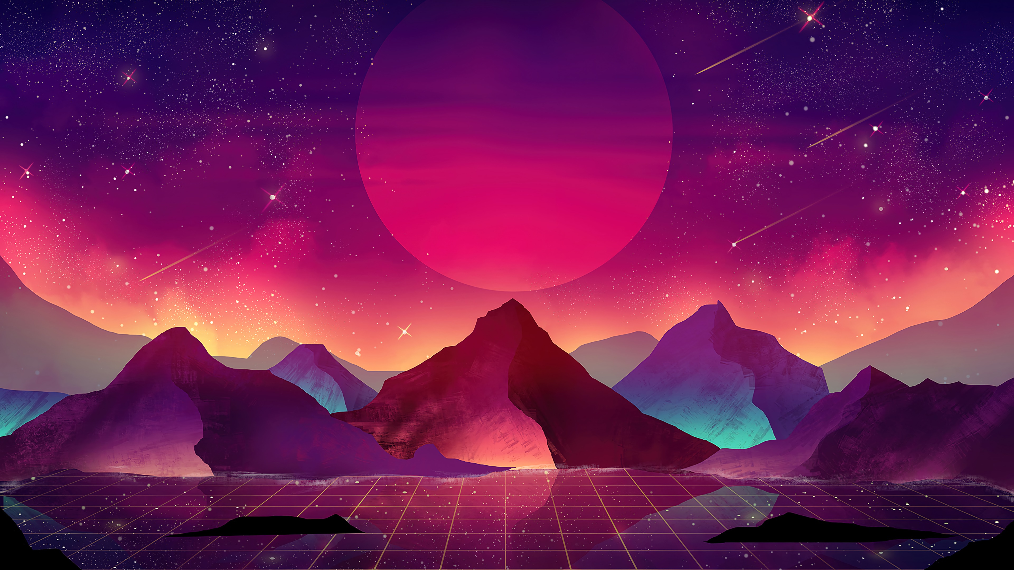 Retro Futuristic Mountain Landscape with Planet and Stars HD Wallpaper