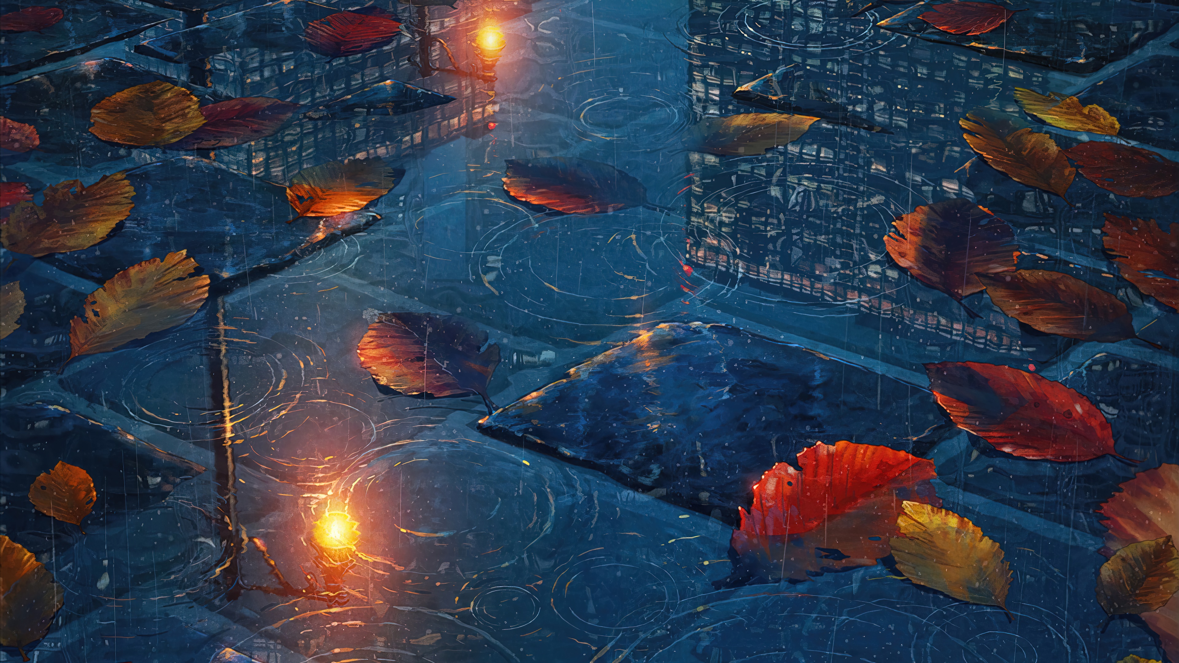 Autumn leaves on wet pavement with streetlights HD Wallpaper