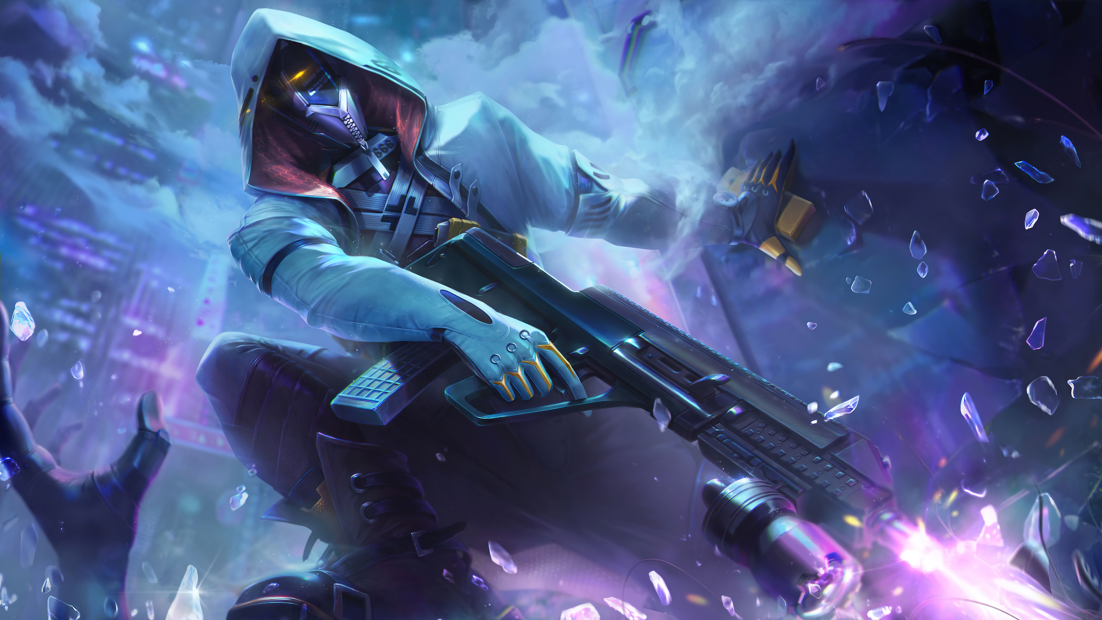 Sci-fi soldier with rifle in futuristic city HD Wallpaper