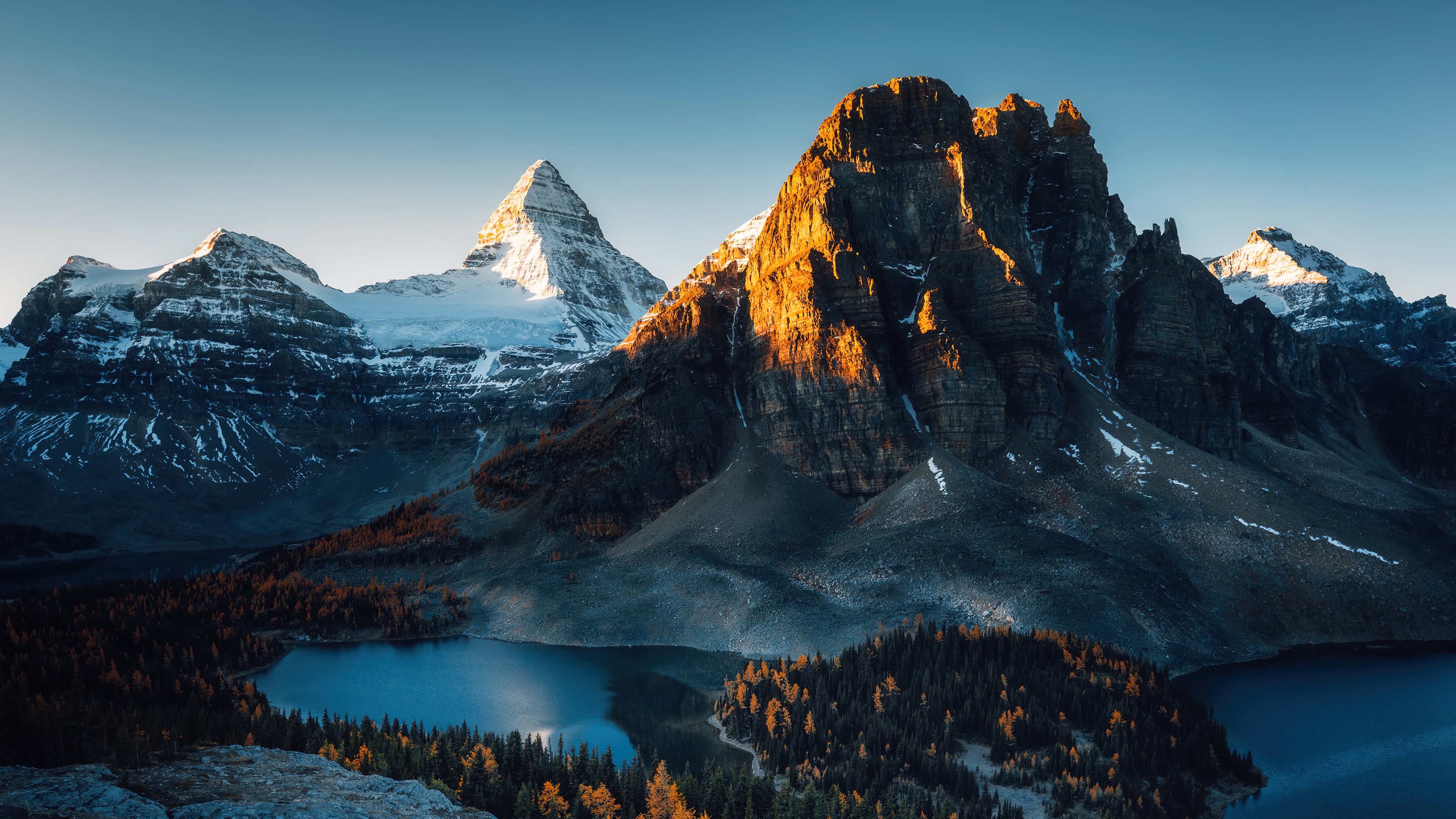 Snowy mountains and forest with lake 4K HD Wallpaper