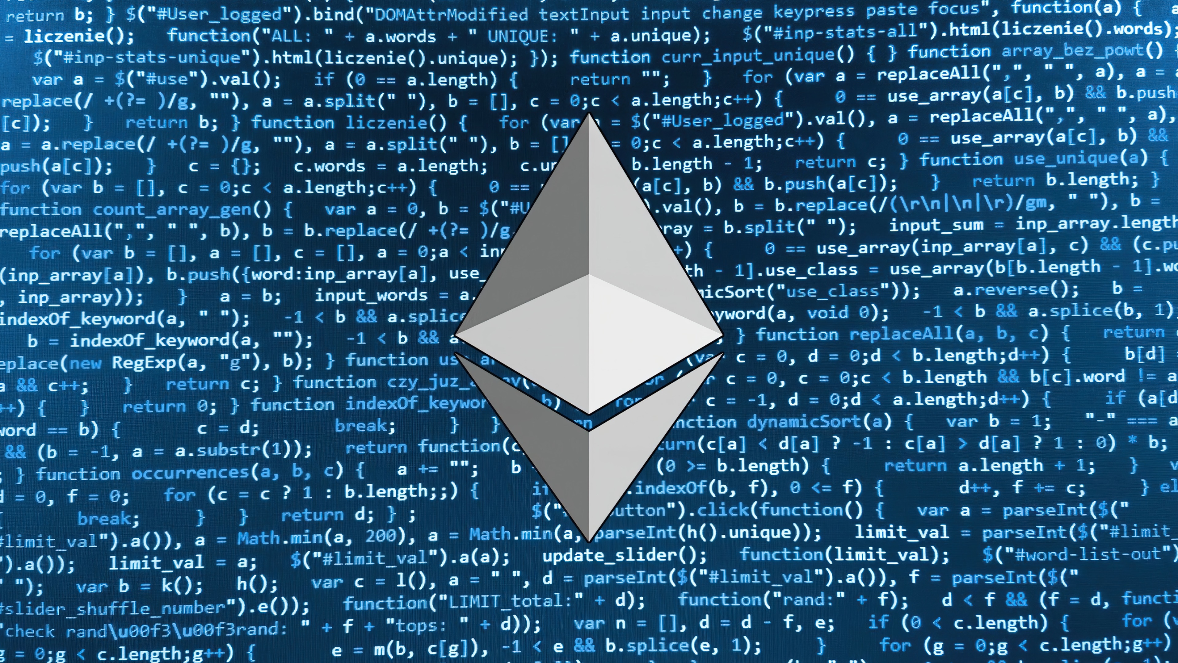 Ethereum logo on a blue code background HD Wallpaper