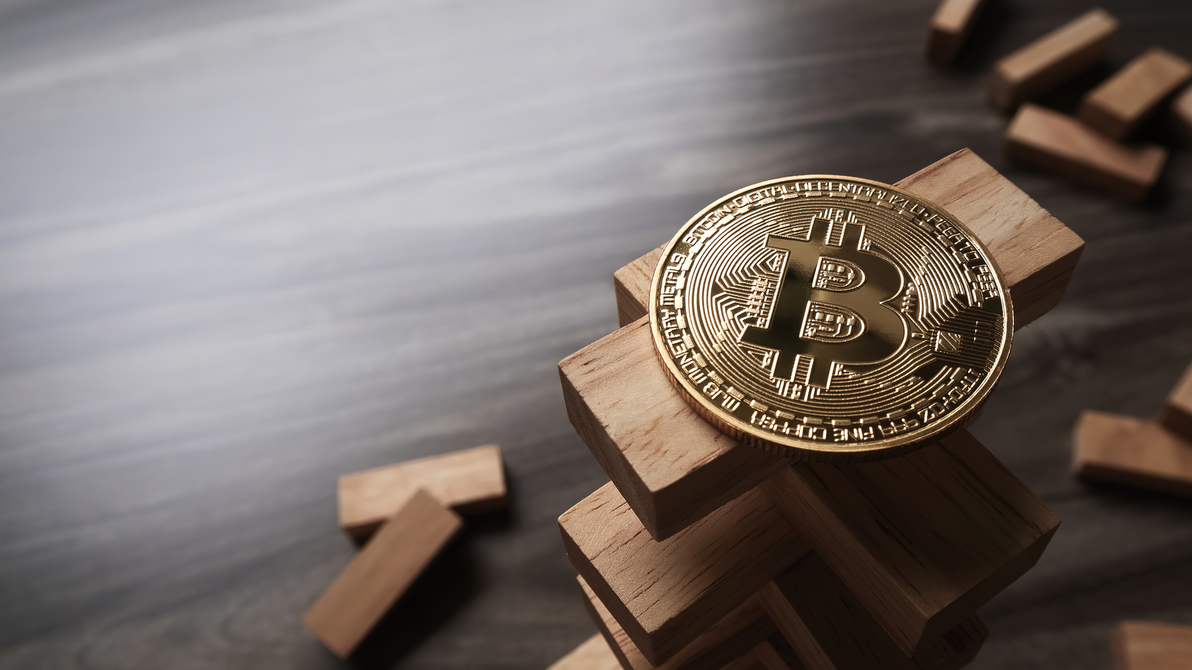Bitcoin on wooden blocks, 4K HD Wallpaper