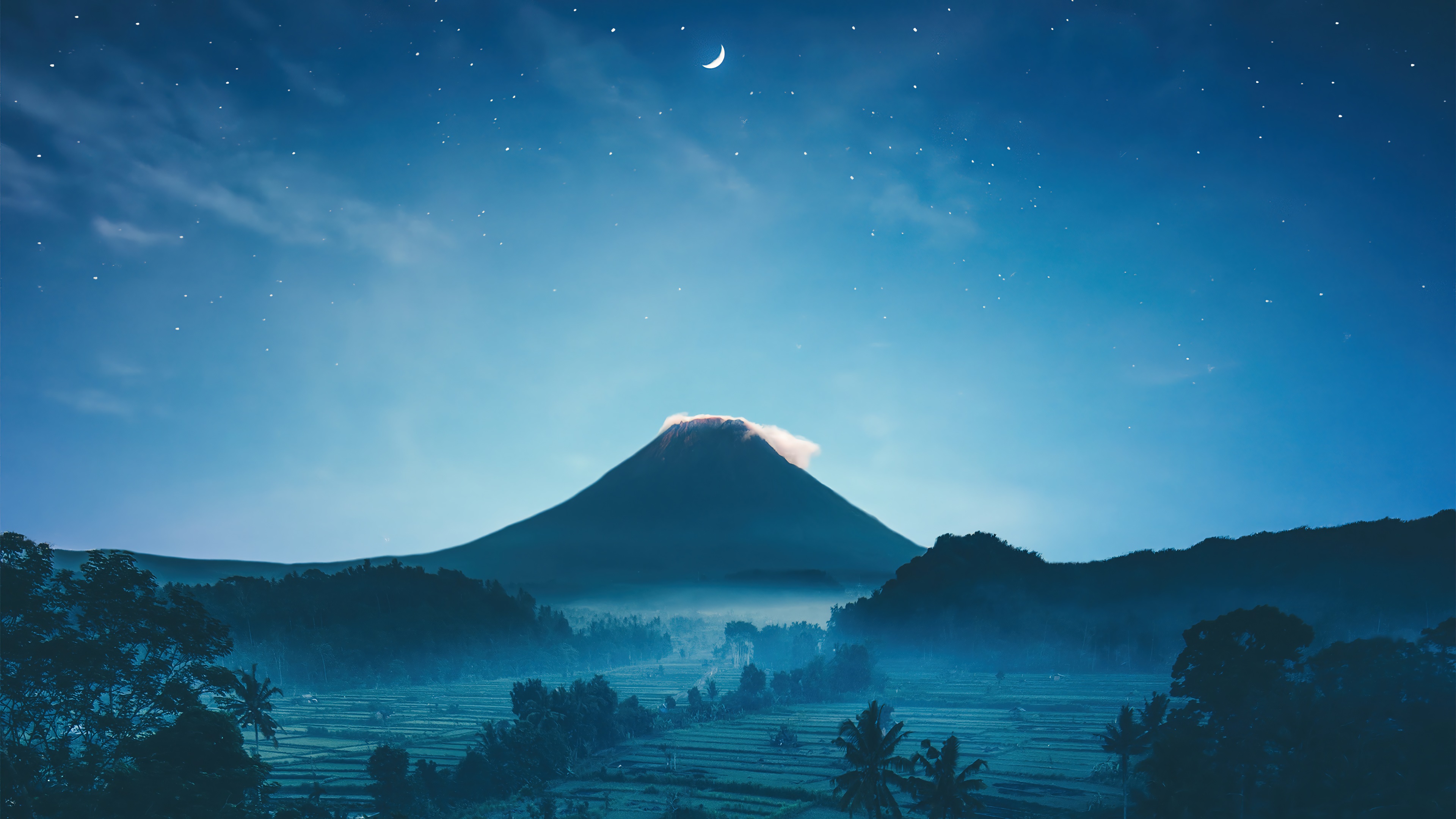Mountain at night with stars and moon HD Wallpaper