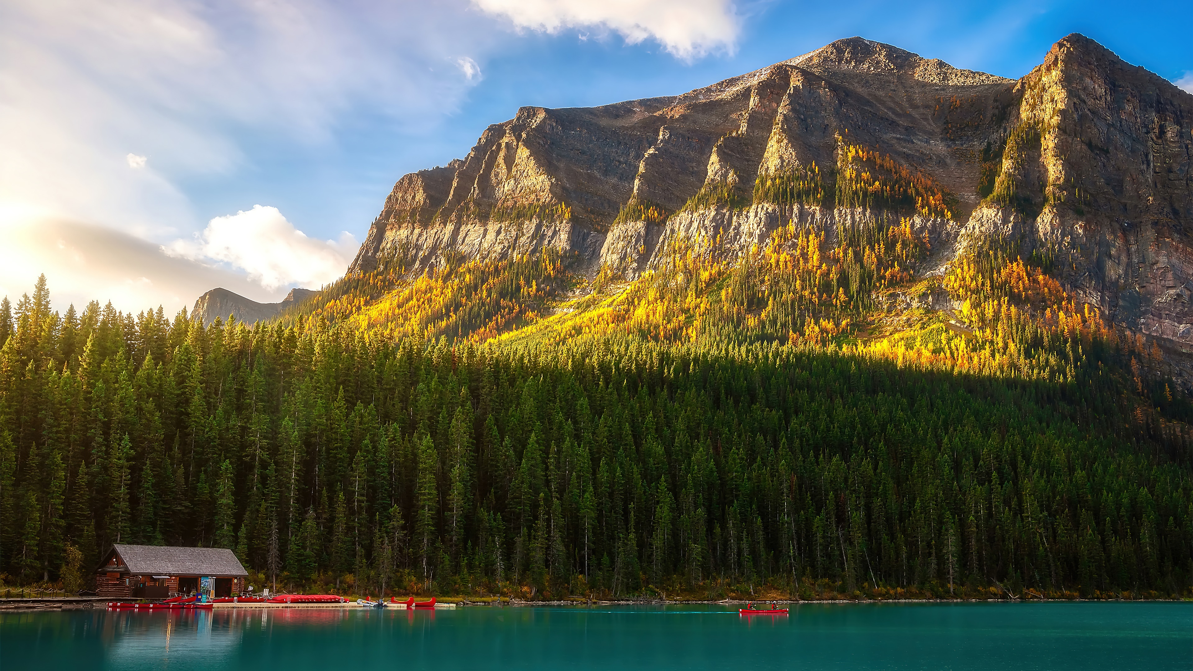 Cabin by a lake with forest and mountain scenery 4K HD Wallpaper