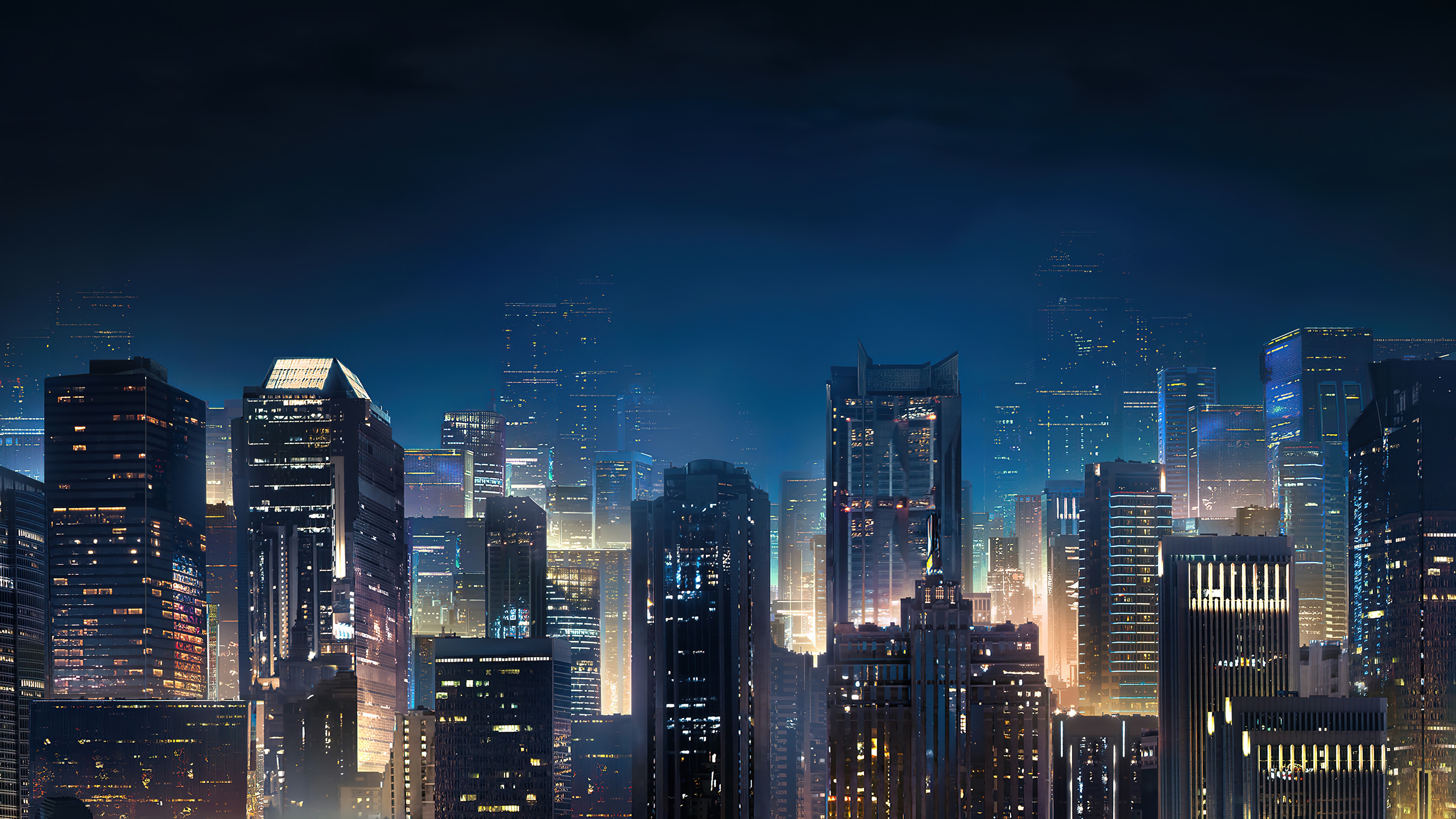 Night cityscape with illuminated skyscrapers in 4K HD Wallpaper