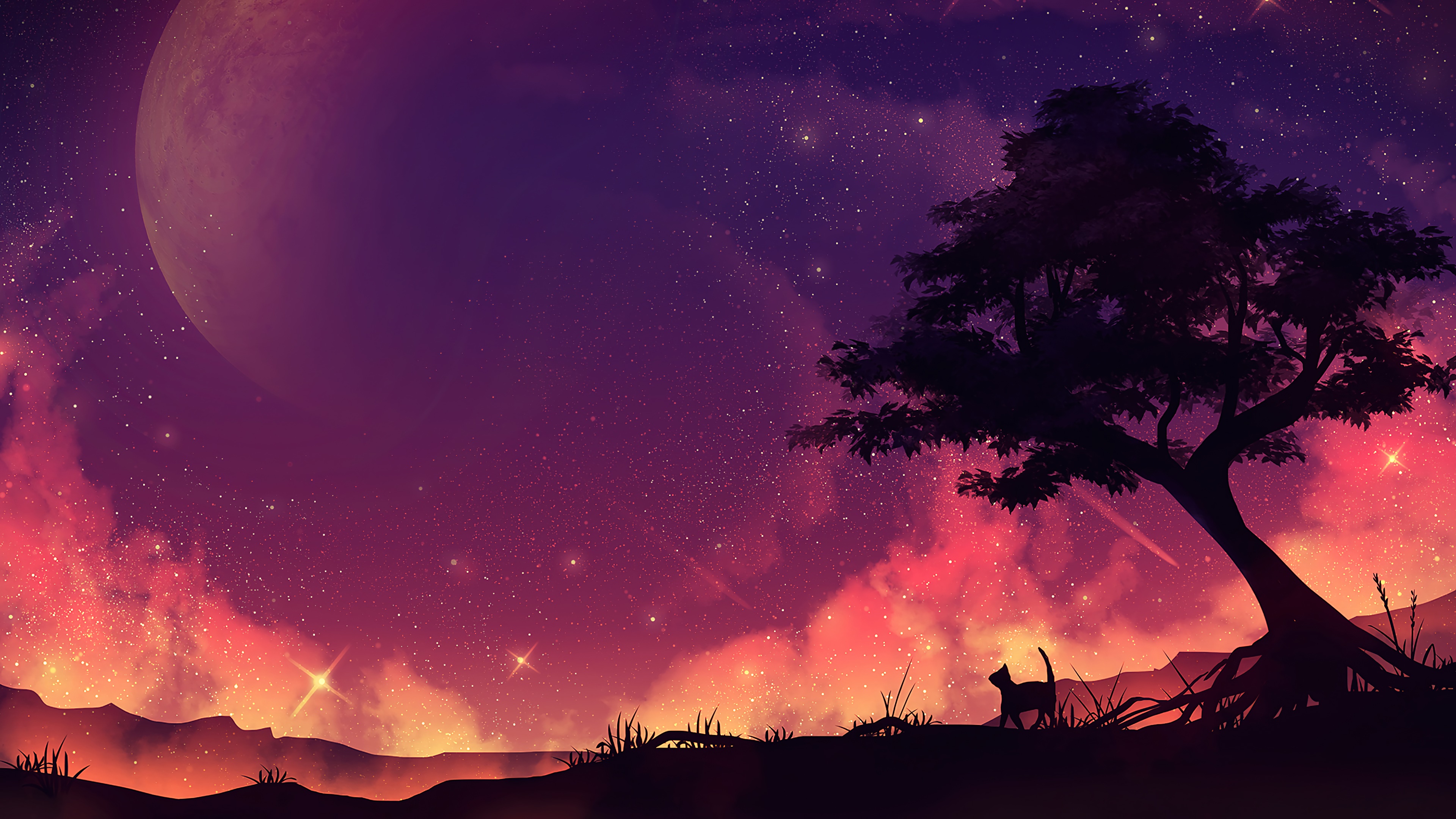 Cat silhouette under a tree with a large moon in the night sky 4K HD Wallpaper