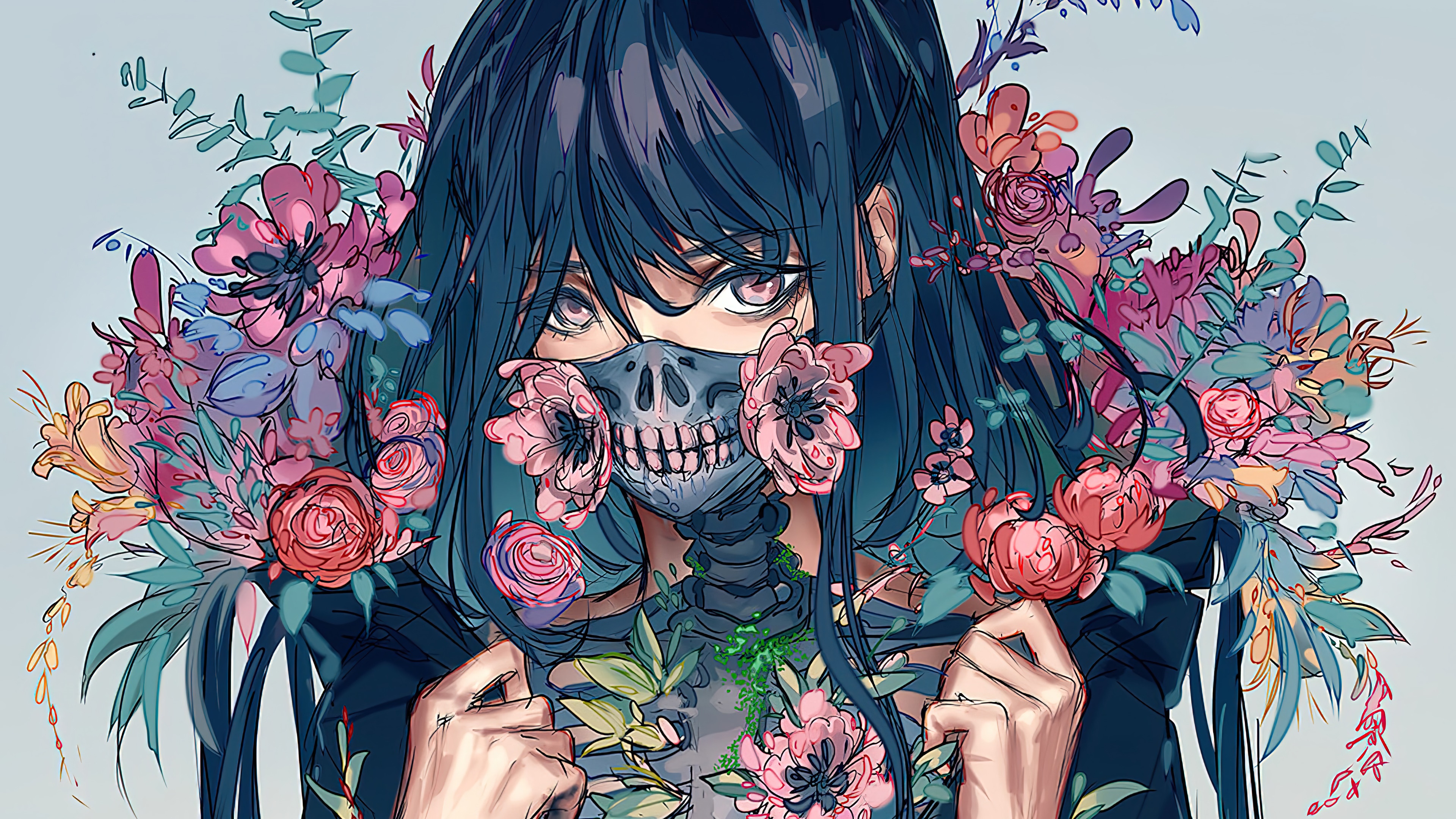 Anime girl with skull mask and flowers 4K HD Wallpaper