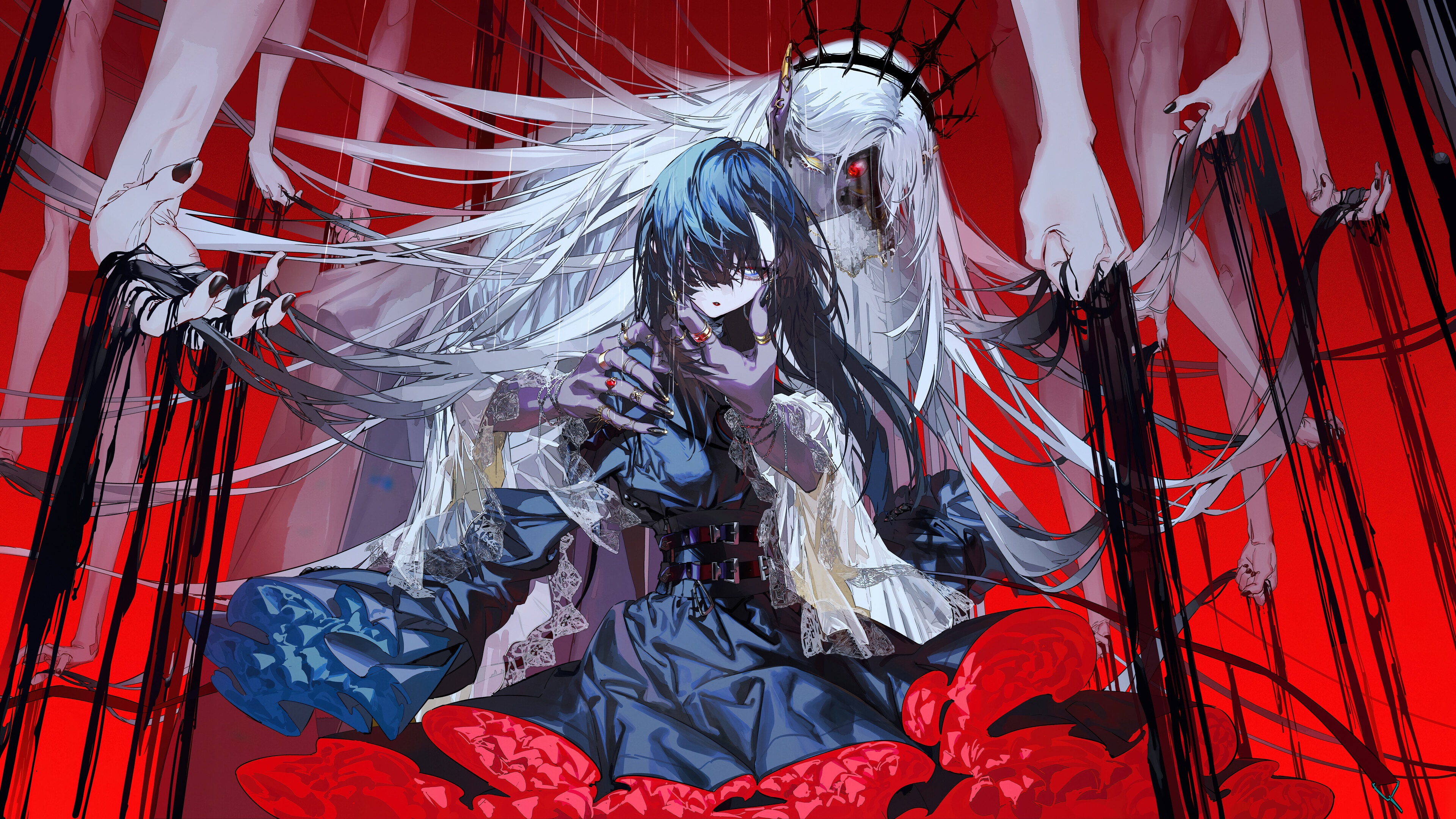 Anime girl with long hair and a crowned figure behind her HD Wallpaper